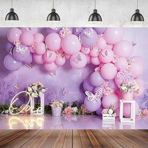 Miniatura 3 de Fondo de fotografía para fiesta de cumpleaños de niña, globos rosas y morados, mariposa, país de las maravillas, baby shower, flores, fondo de