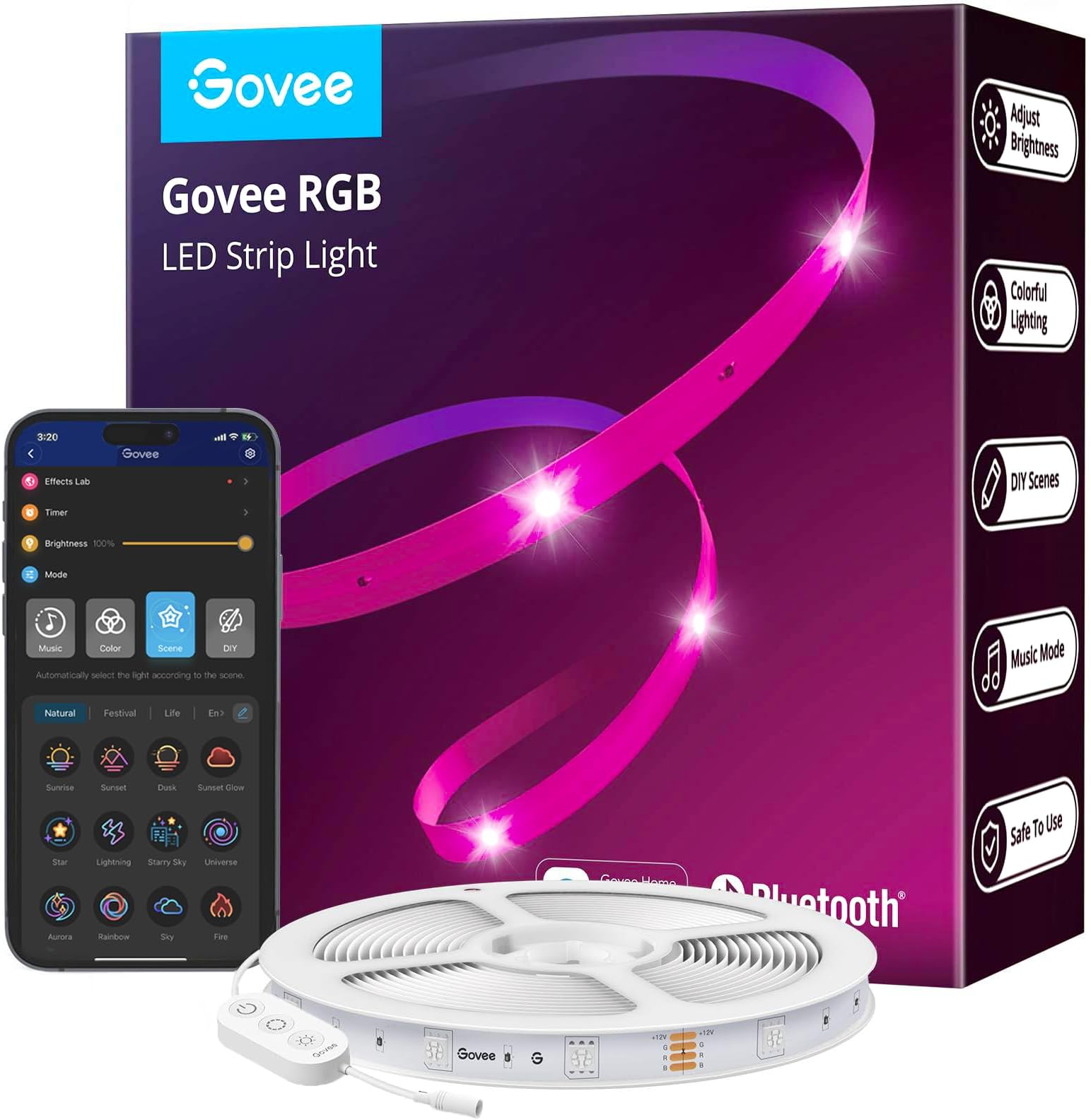 Govee RGB LED Strip Lights, 65.6ft Bluetooth LED Lights with App Control, 64 Scenes and Music Sync Color Changing Lights for Bedroom, Room, Kitchen, Party, ETL Listed Adapter