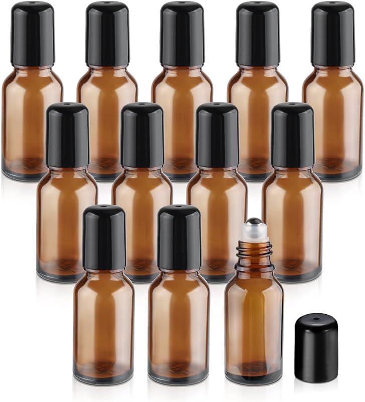 Mirrline Frascos Roller Recarregáveis de Vidro Âmbar com Esferas de Aço Inoxidável e Tampa Preta, 15 mL, Pacote com 12