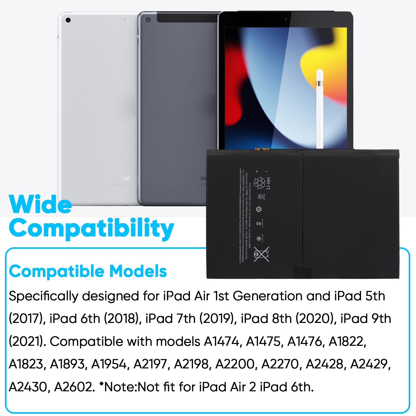 Batterie A1484 Compatible avec iPad Air 1re Génération & iPad5/6/7/8/9 (2017-2021), Models A1474 A1475 A1822 A1893 A2197 A2270 A2428 A2602, [32,9 Wh 3,73 V 8827 mAh]