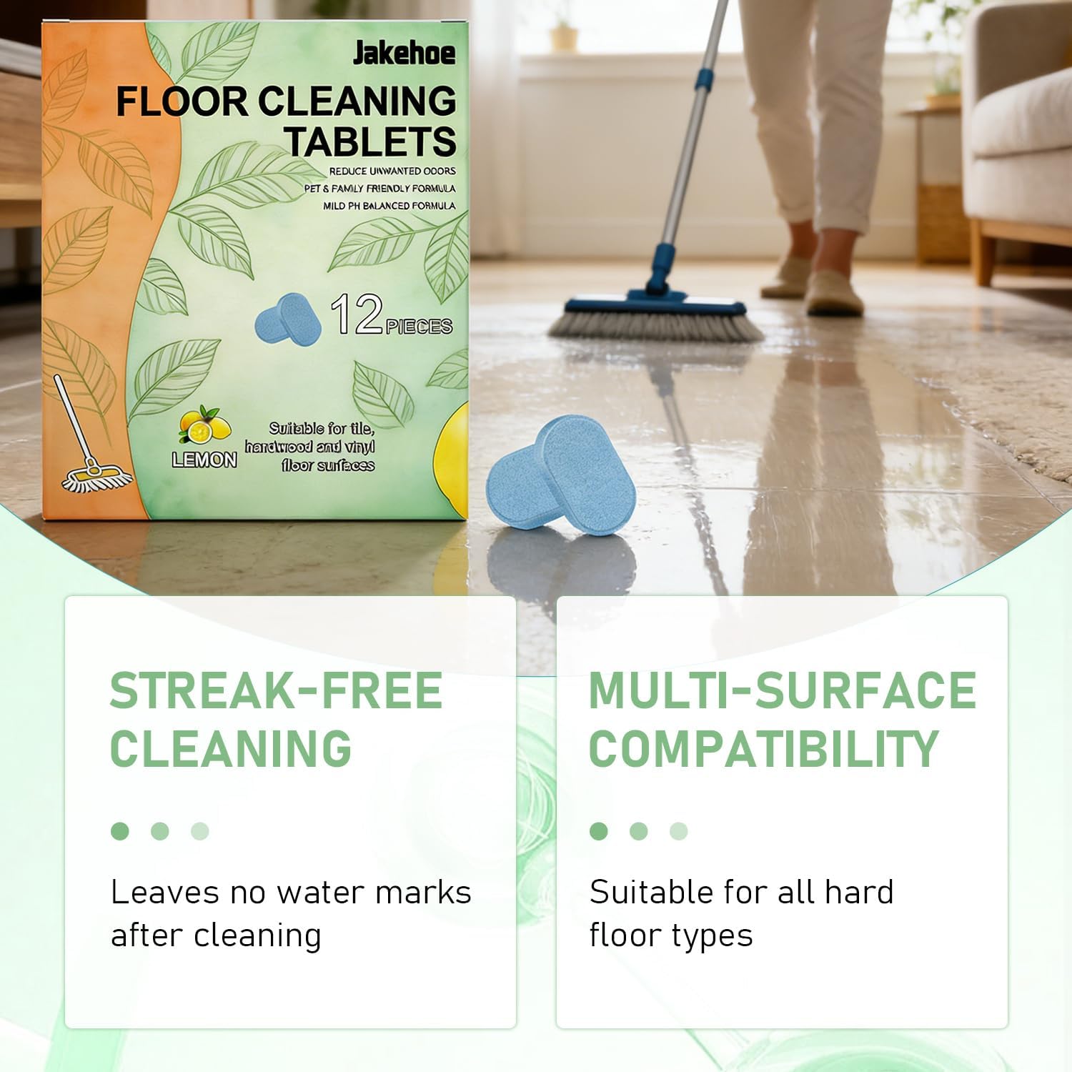 2Packs Floor Cleaner Tablets,Hard Floor Cleaner Tablets,Pre Measured Dissolvable Cleaning Solution, For Hardwood, Fresh Lemon Scent, Compatible with Robot Mops & Wet/Dry Vacuums (12pc)