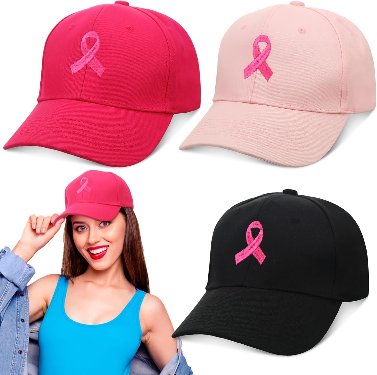 Toulite 3 Pcs Breast Cancer Awareness Hat Pink Ribbon Embroidered Cap Adjustable Baseball Cap Beating Breast Cancer Gifts