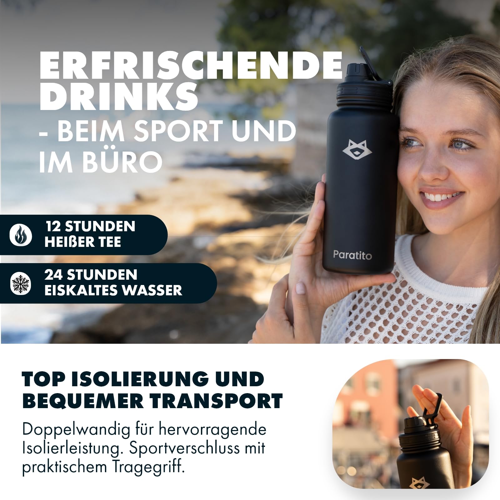 Thermo Trinkflasche 1L Edelstahl Schwarz mit Sportverschluss - Wasserflasche Metall isoliert für Sport und Wandern -Outdoor Thermoskanne weithals - spülmaschinenfest