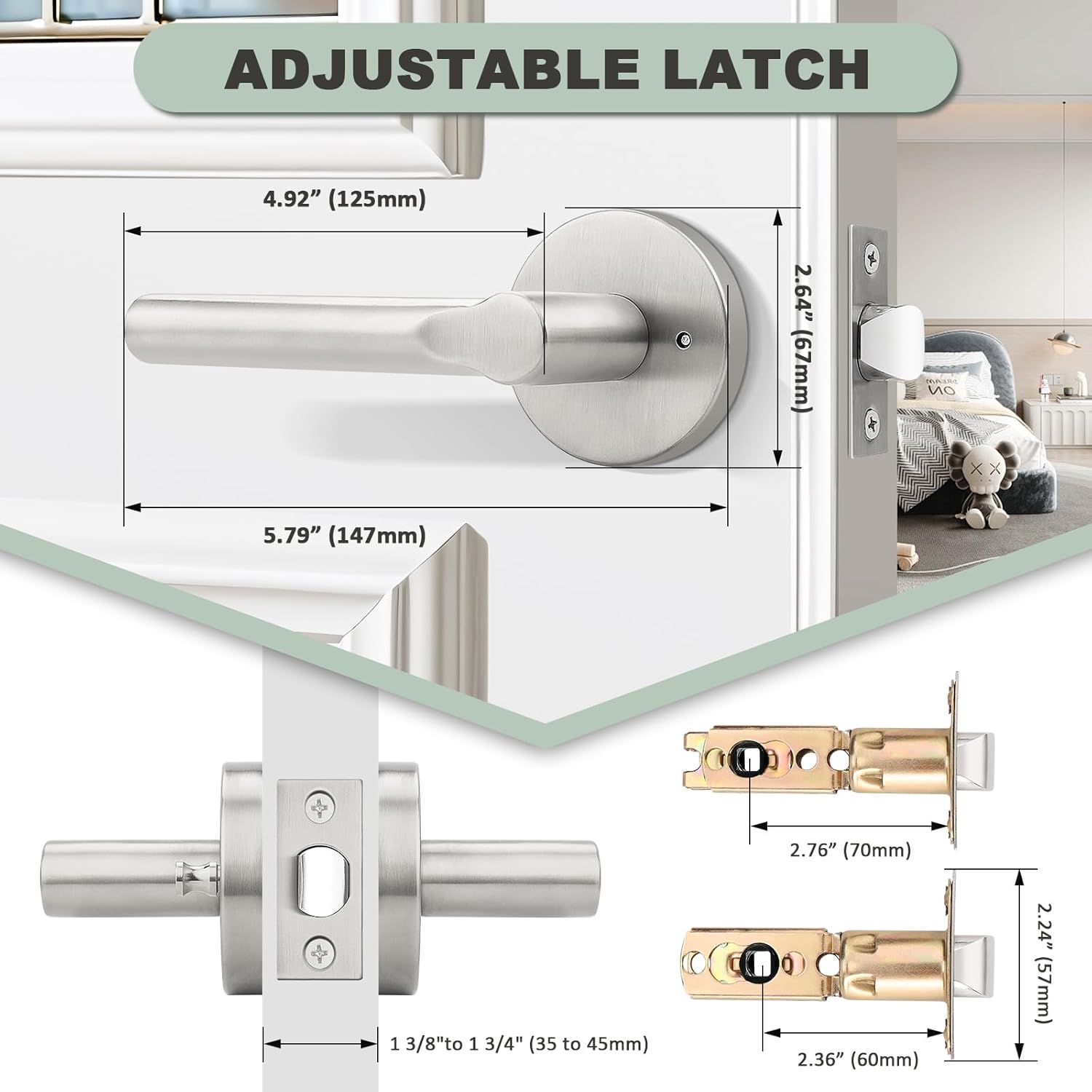 knobelite Privacy Door Handles Interior Keyless Door Lever,Left & Right Hand use Door Lock for Bath and Bed,Modern Satin Nickel Stainless Steel Privacy Door Lock,5Pack