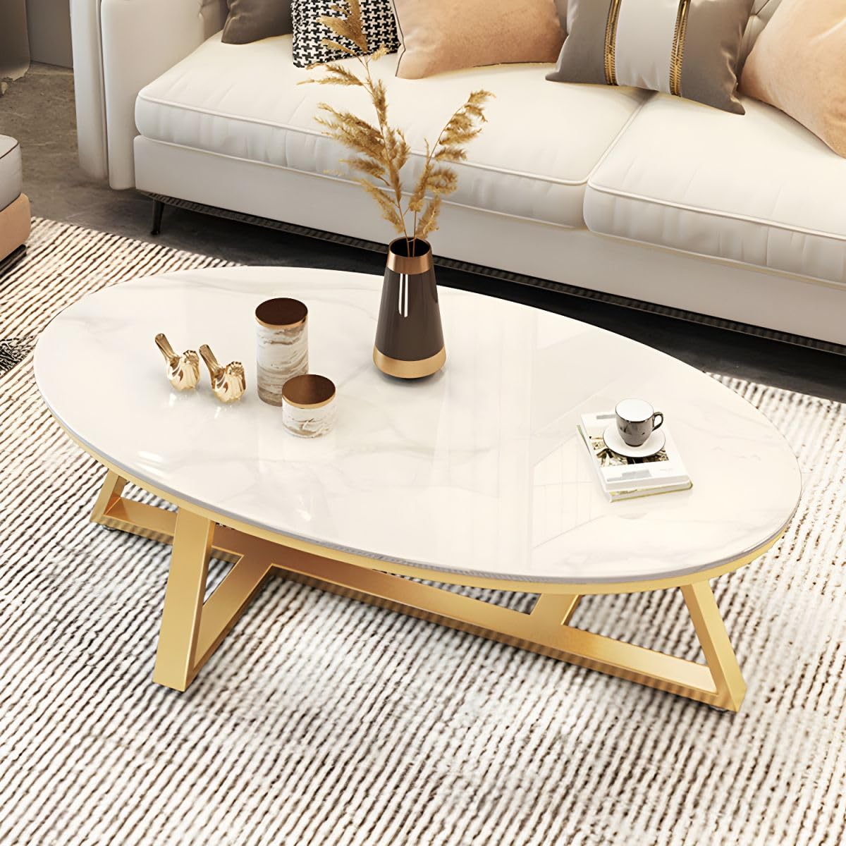 Table de cocktail ovale en ardoise avec plateau gris anti-rayures et pieds croisés dorés