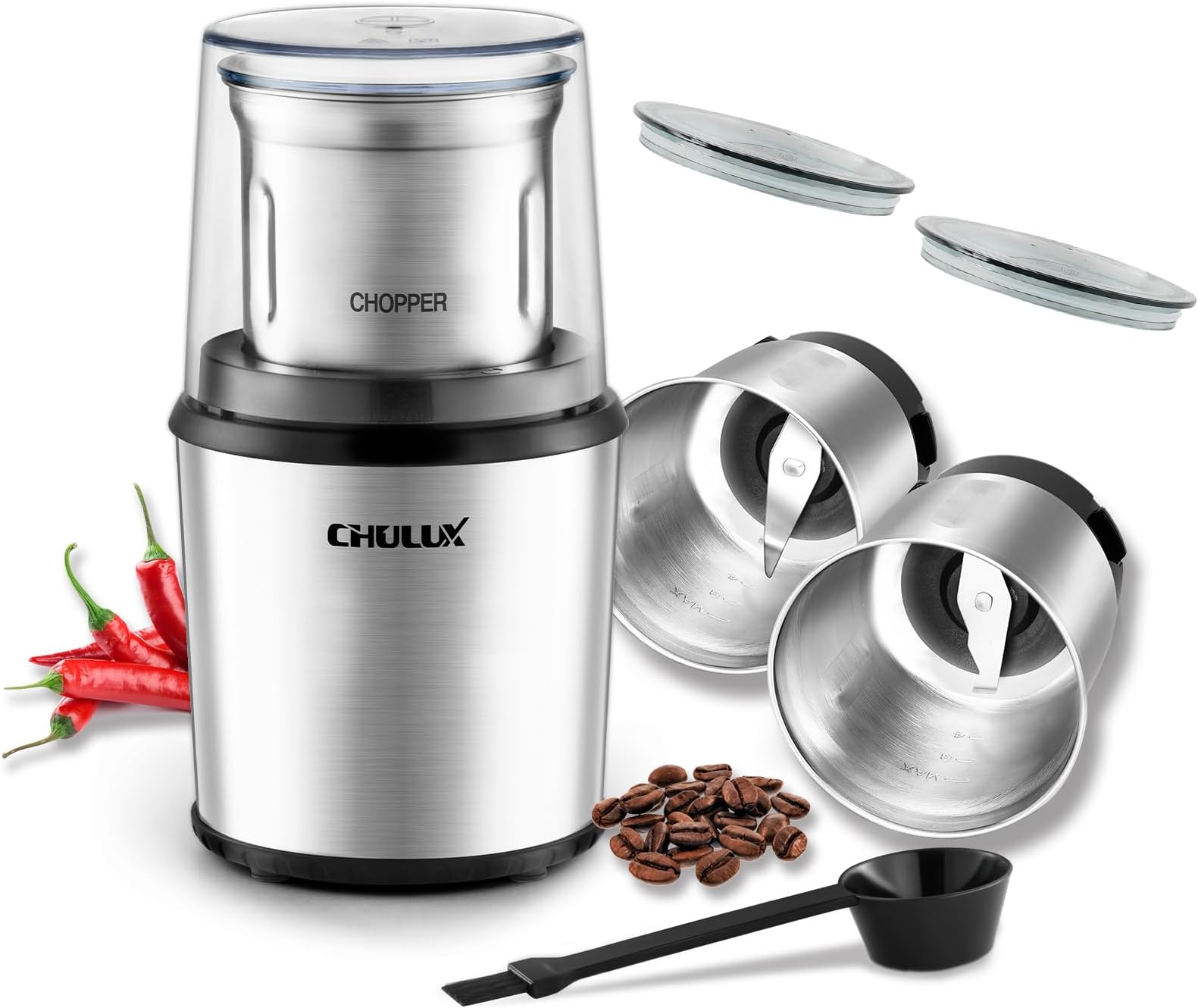 CHULUX Coffee Grinder Electric,Built-In Sharp Blade Spice Grinder with 2 Detachable Stainless Steel Bowls for Coffee, Spices, Herbs, Nuts, Grains,Lid Actived Safety Switch