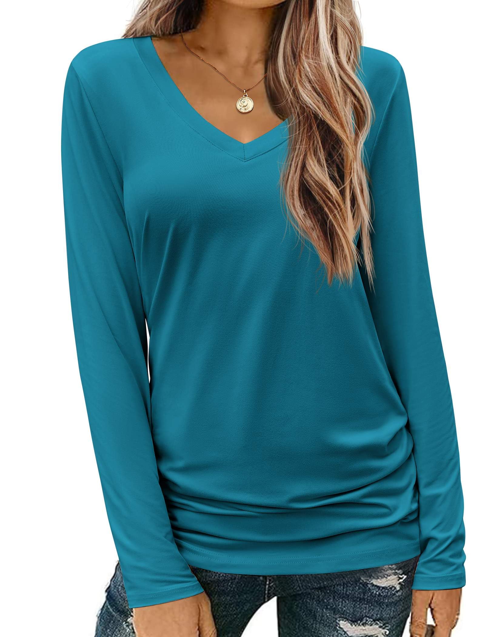 Zeagoo Womens T Shirts Long Sleeve V Neck Basic Tee Soft Casual Loose Fit Fall Tops Outfits 2024, Small-XX-Large