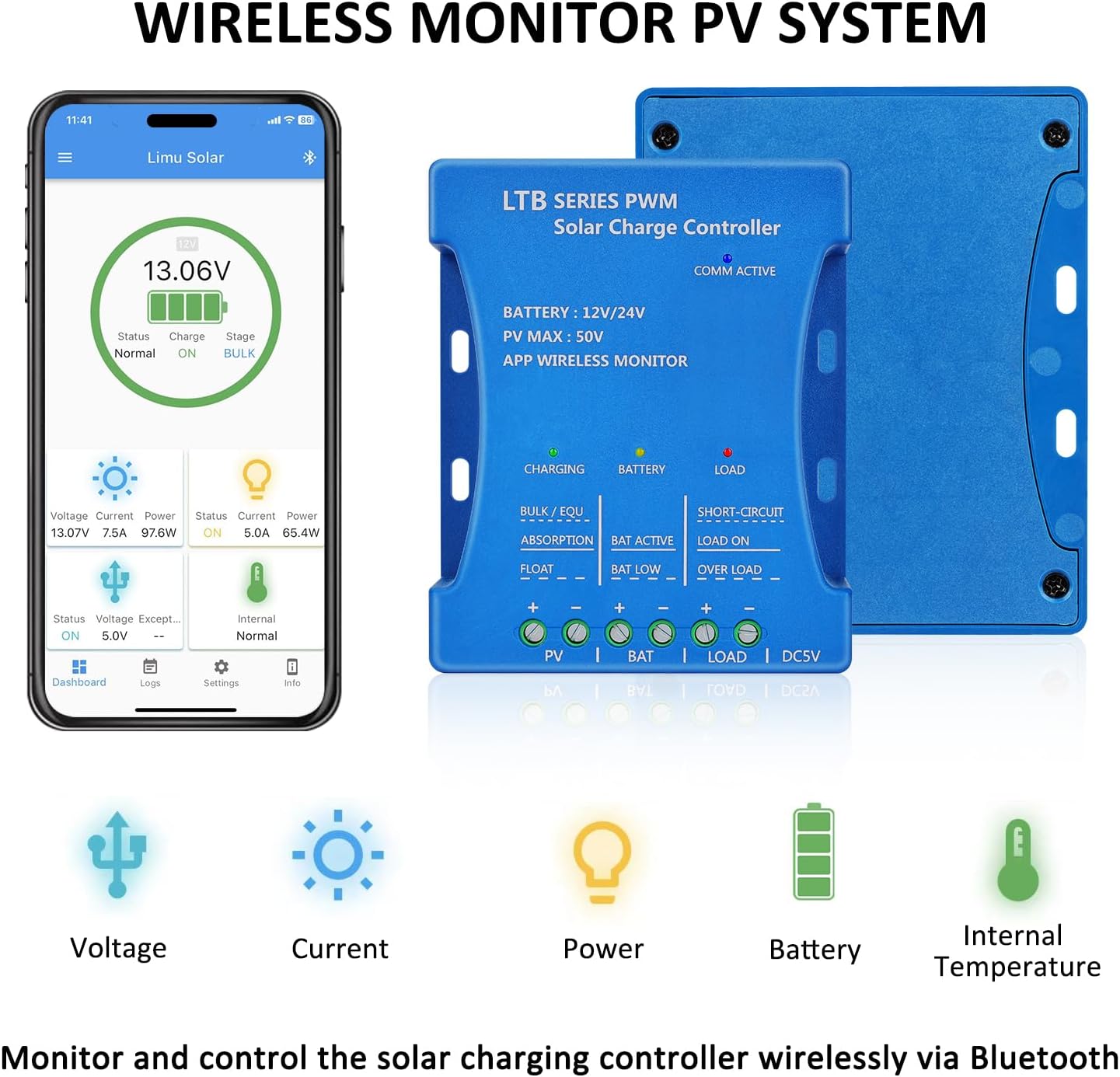 20A Bluetooth Solar Charge Controller 12V/24V Auto Matching Controller with APP Remote Monitor Intelligent PWM Solar Panel Regulator for Sealed, Gel, Flooded, LiFePO4, Lithium Batteries 7 Load Modes