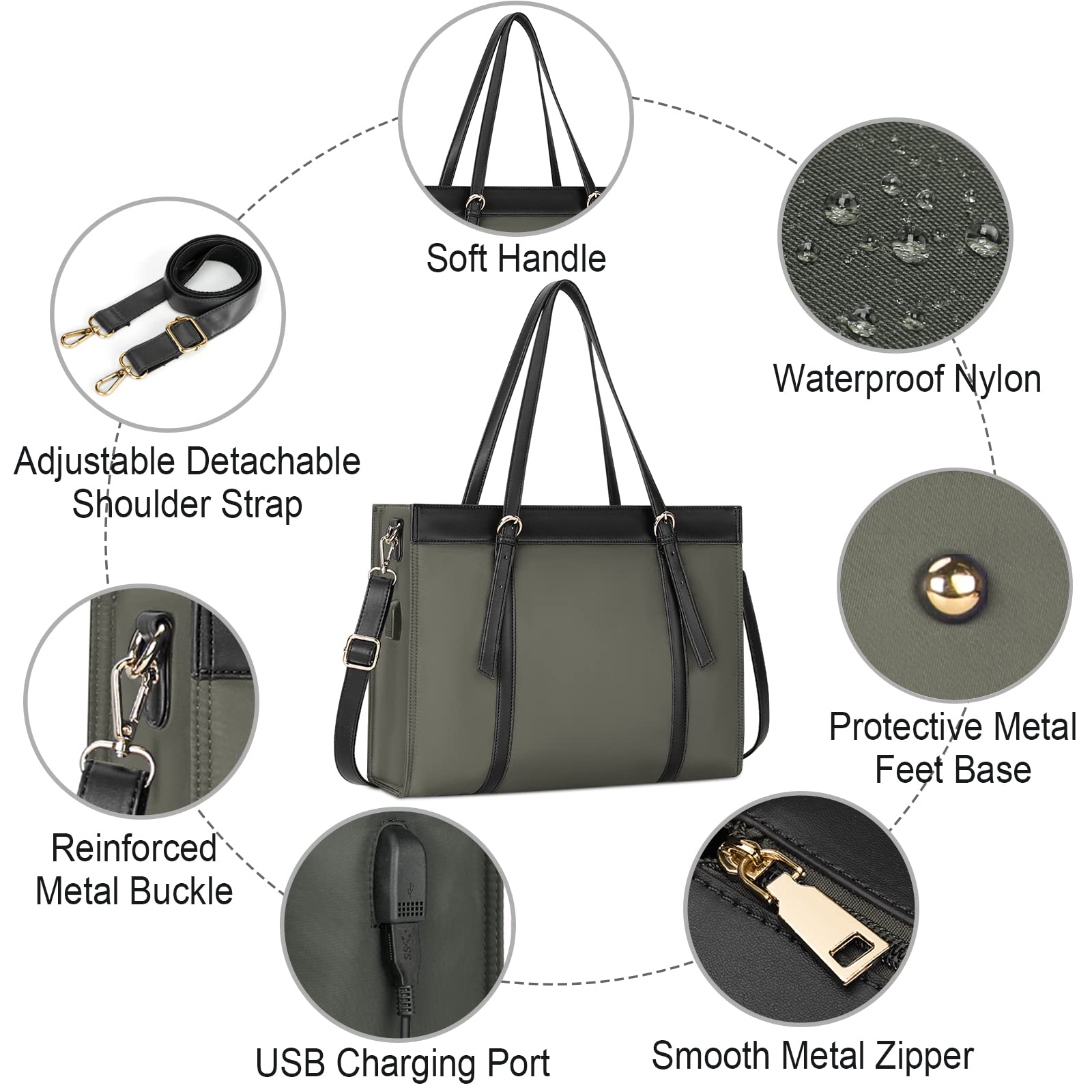 KTMOUW Bolsos Universidad Mujer Impermeable Bolso para Ordenador Portatil 15.6 Pulgadas Grandes Shopper Bolsos con Puerto de Carga USB 2 Piezas Negro Gris Oscuro