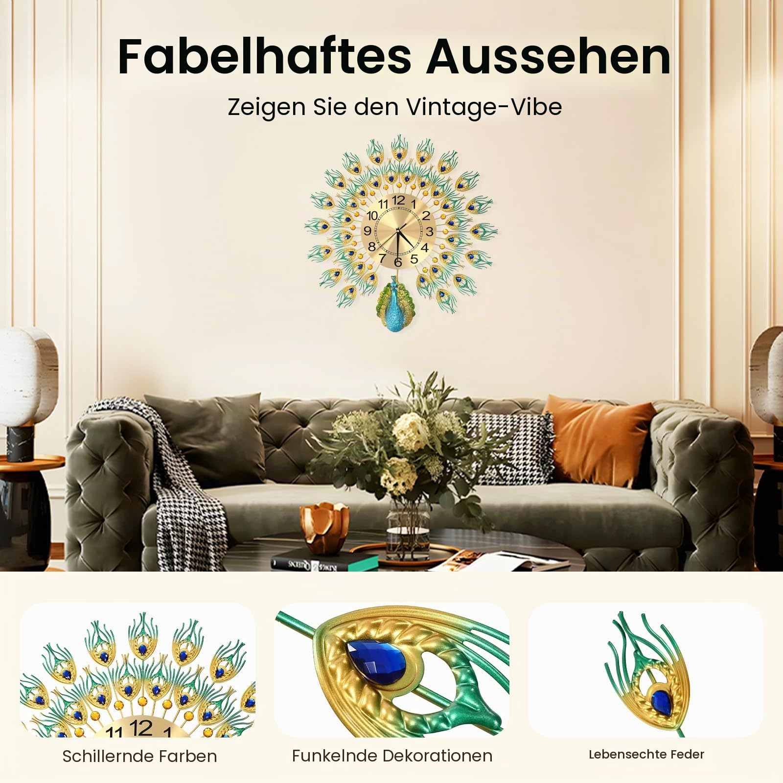 Moderne Wanduhr Groß 3D Pfau Wanduhren mit Metallzifferblatt, Nicht Tickende Leise Digitale Wanduhren Luxus Bunt Wohnkultur Europäische Pfauen Wand Uhr 60cm