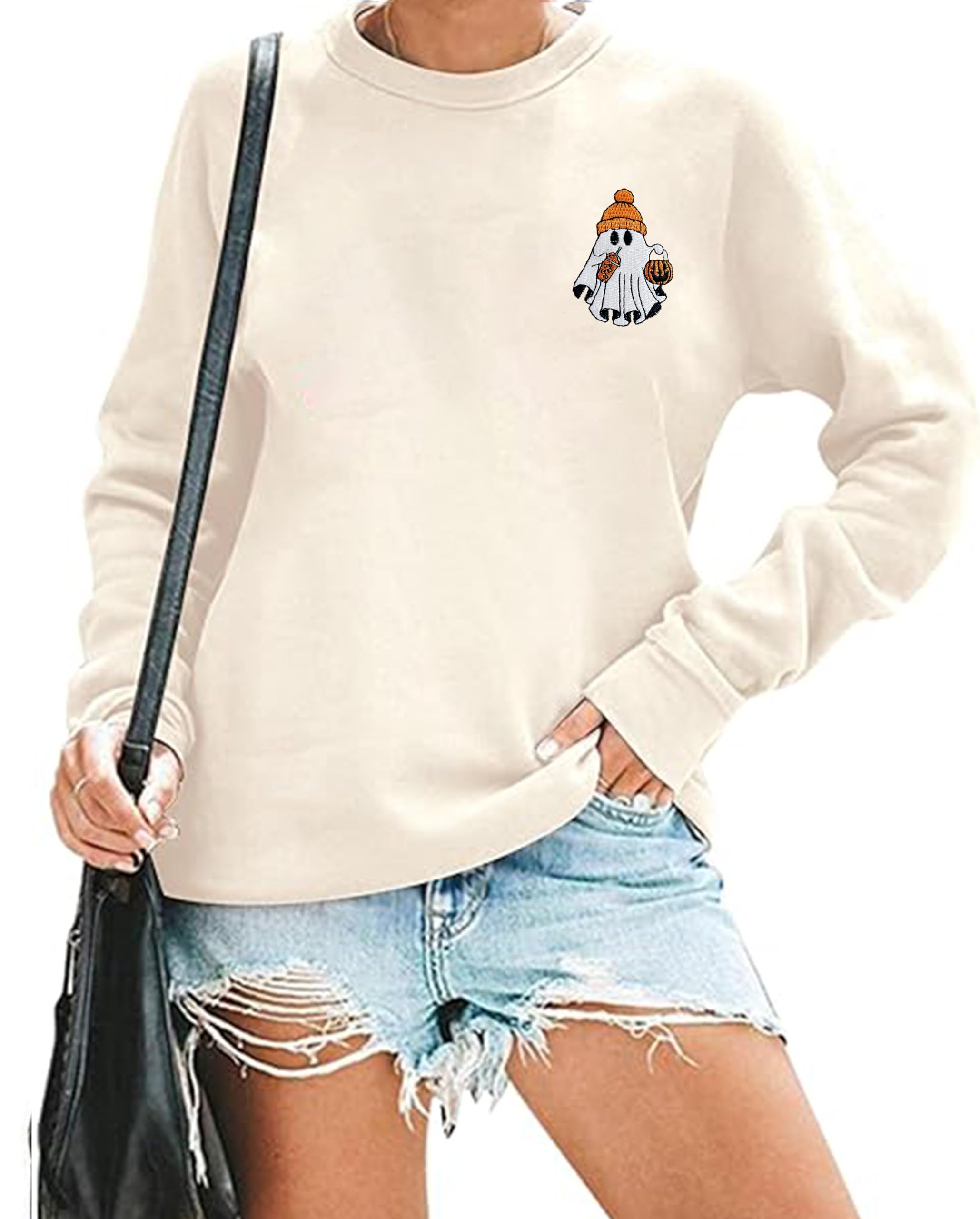 SIMILAR TO..Halloween Sweatshirts for Women Cute Spooky Season Outfits Ghost Pumpkin Embroidered Sweater Pullover Top