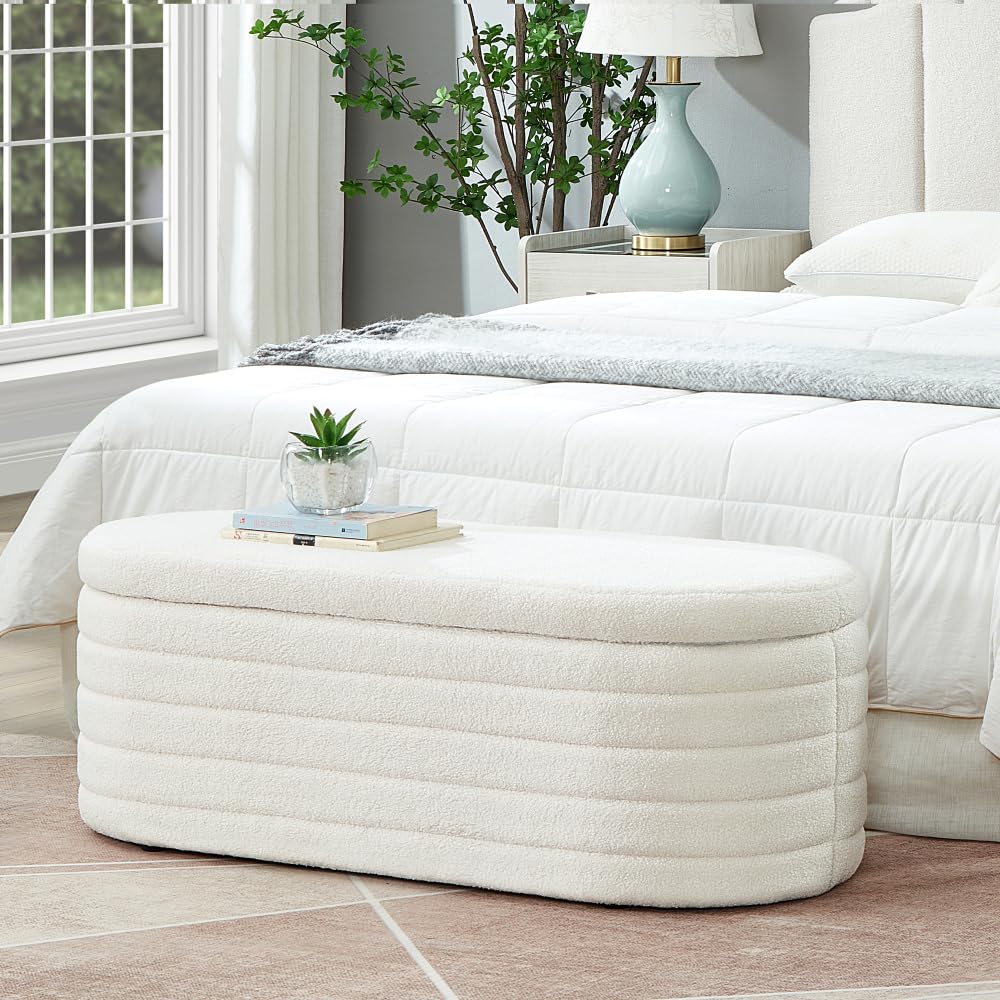 Modern Oval Storage Ottoman Bench, Upholstered Boucle Teddy Fabric End of Bed Bench with Storage, End of Bed Stool with Safety Hinge for Bedroom, Living Room, Entryway, White (White)