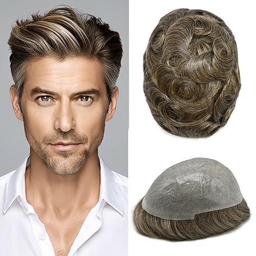 Miniatura 237 de Toupee For Men Ultra Thin Skin Human Hair Piece For Men Toupee V-loop Natural Looking Hair Replacement System Hairpiece 8x10#210#2 DARKEST BROWN+10%