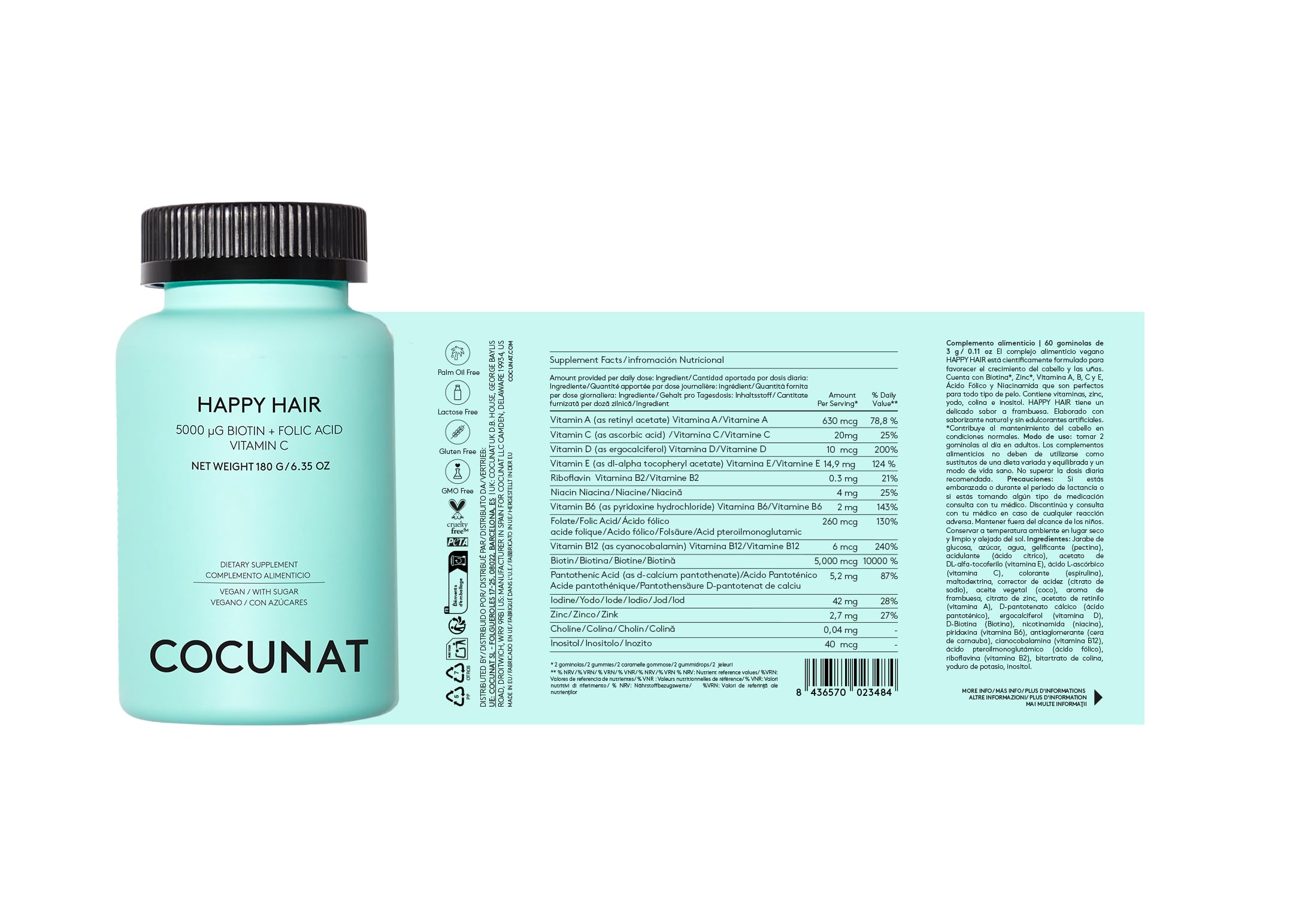 COCUNAT - Happy Hair | Vitaminas para el cabello | Previene la Caída del Cabello | Fortalece y Estimula el Crecimiento | Biotina | Resultados en 6 Semanas | 60 uds