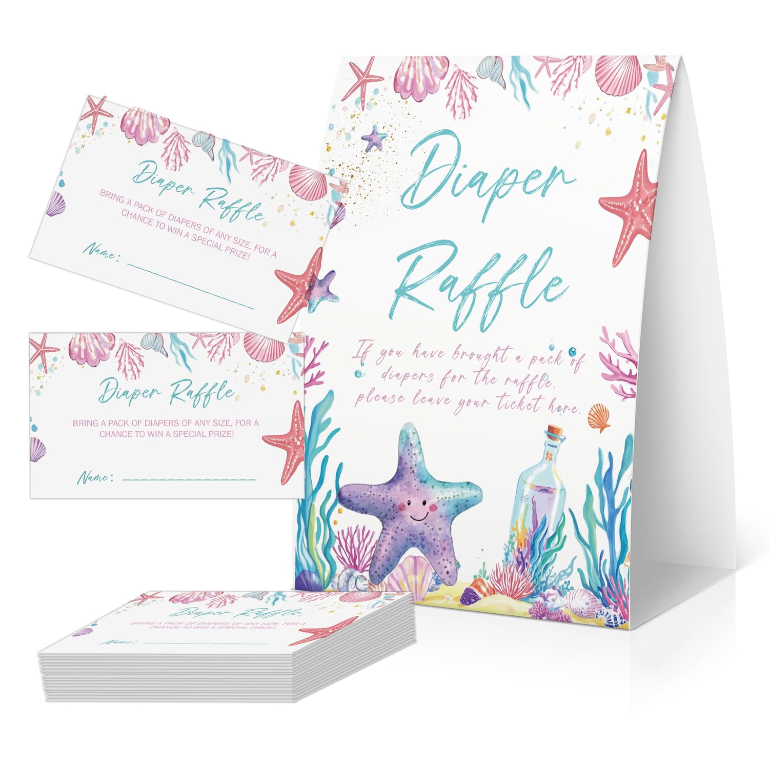 Baby Shower Games, Diaper Raffle Sign with 50 Tickets, Diaper Raffle Cards,Babyshower Invitation,Under the Sea Baby Shower Decorations-DPRF02