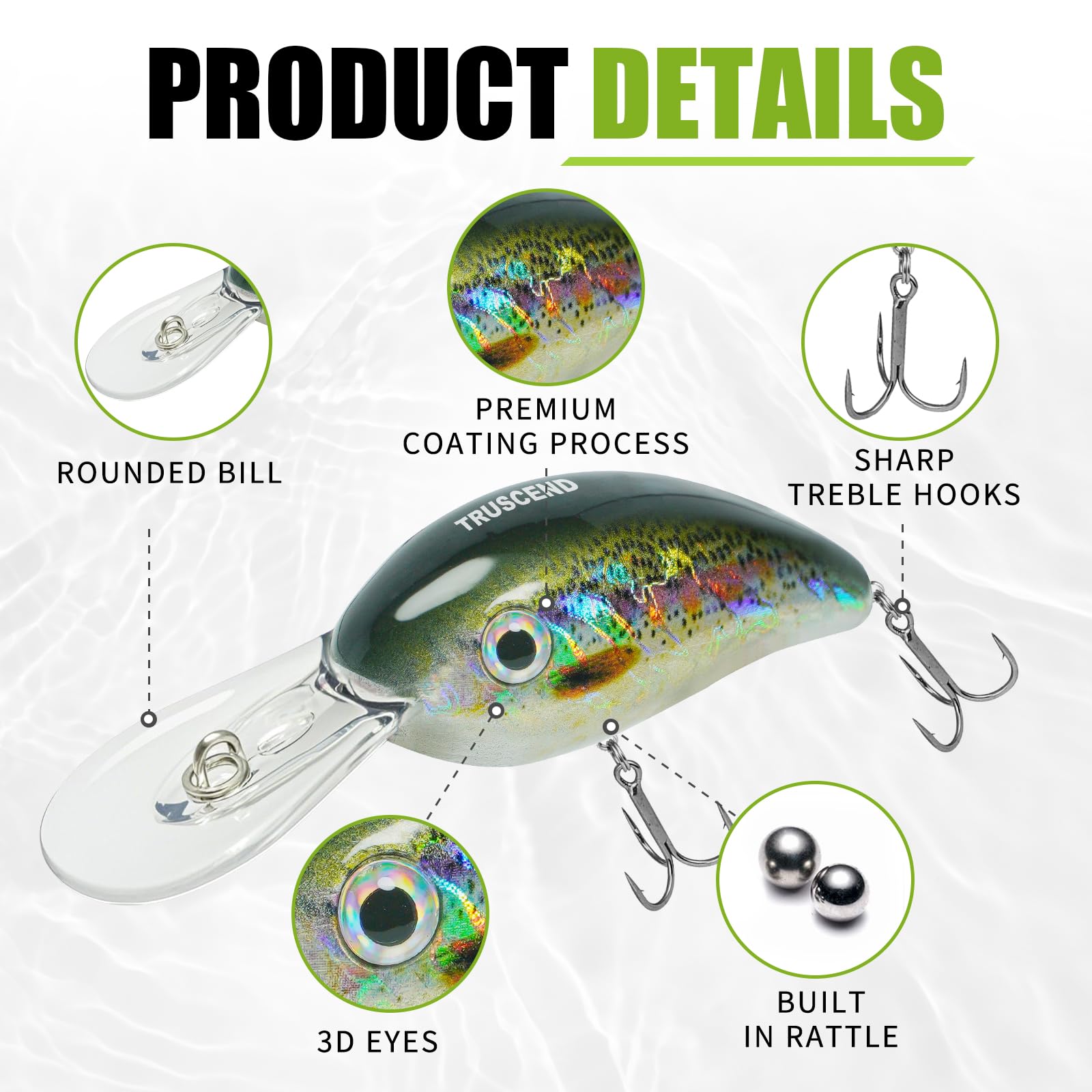 TRUSCEND Craz Crankbaits Fishing Lures, Rounded Bill Crank Baits for Bass Fishing, Wobble Swimbait for Trout Crappie Walleye Pike, Shallow Diving Crank Bait Freshwater and Saltwater Topwater Lures