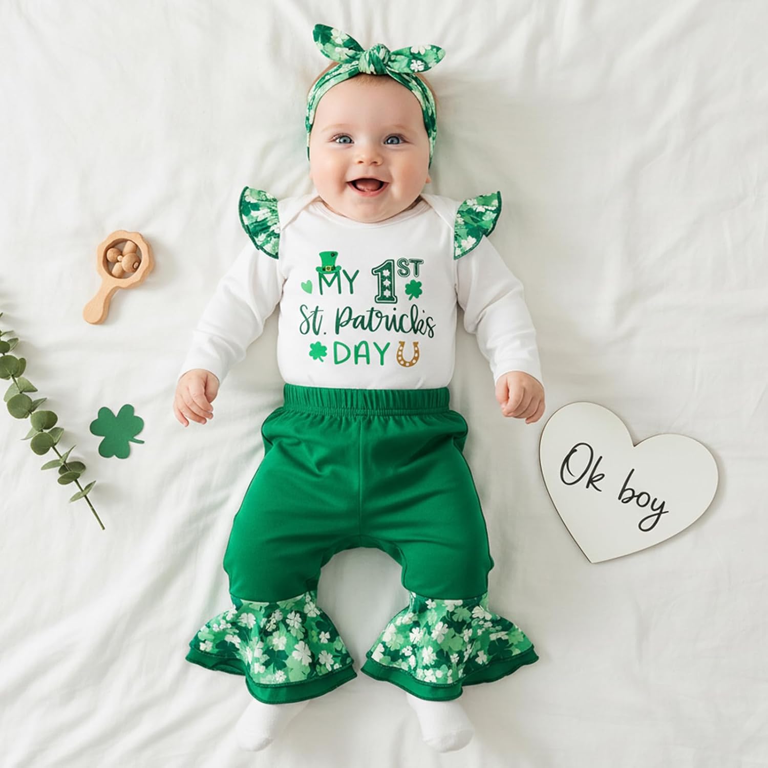 My First St Patricks Day Baby Girl Outfit Newborn Long Sleeve Romper + Clover Bell Bottoms + Headband Spring Clothes - Image 3