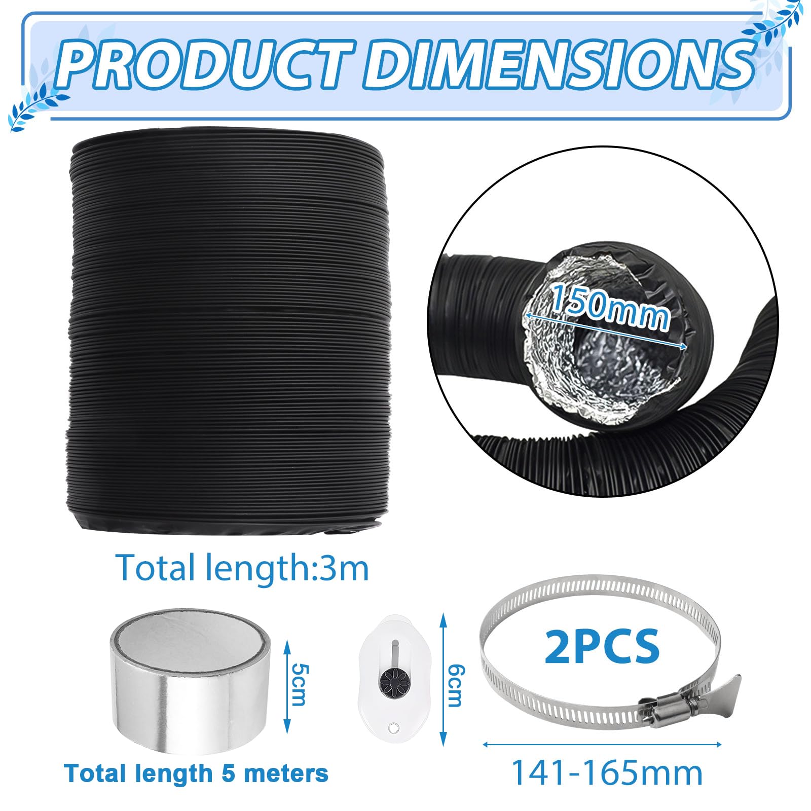 Abluftschlauch 150mm Länge 3m PVC Flexibel Alurohr Schlauch Aluminium Aluflexschlauch mit 2 Schlauchschelle Edelstahl für Klimaanlagen Mobile Klimaanlage Wäschetrockner Abzugshaube(Schwarz)
