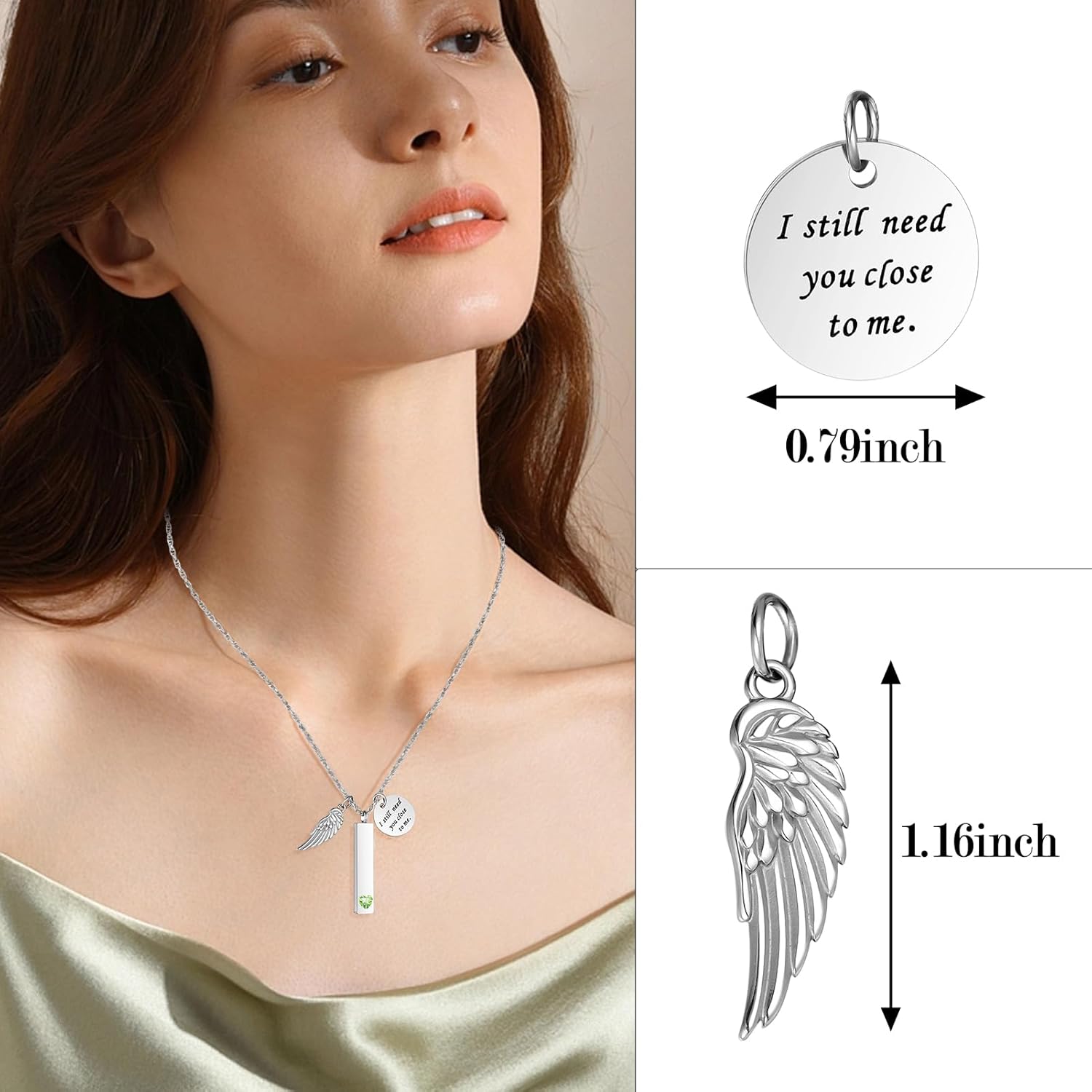 XIUDA Cremation Jewelry for Ashes with Angel Wing Charm Vertical Bar Urn Necklace Stainless Steel Memorial Keepsake Pendant for Women - Image 5