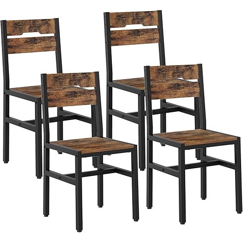 Dining Chairs Set of 4, Rustic Wooden Kitchen Chairs with Backrests and Metal Frame, Modern Farmhouse Dinner Chairs for Kitchen, Easy Assembly, Living Room, Dining Room, Rustic Brown and Black