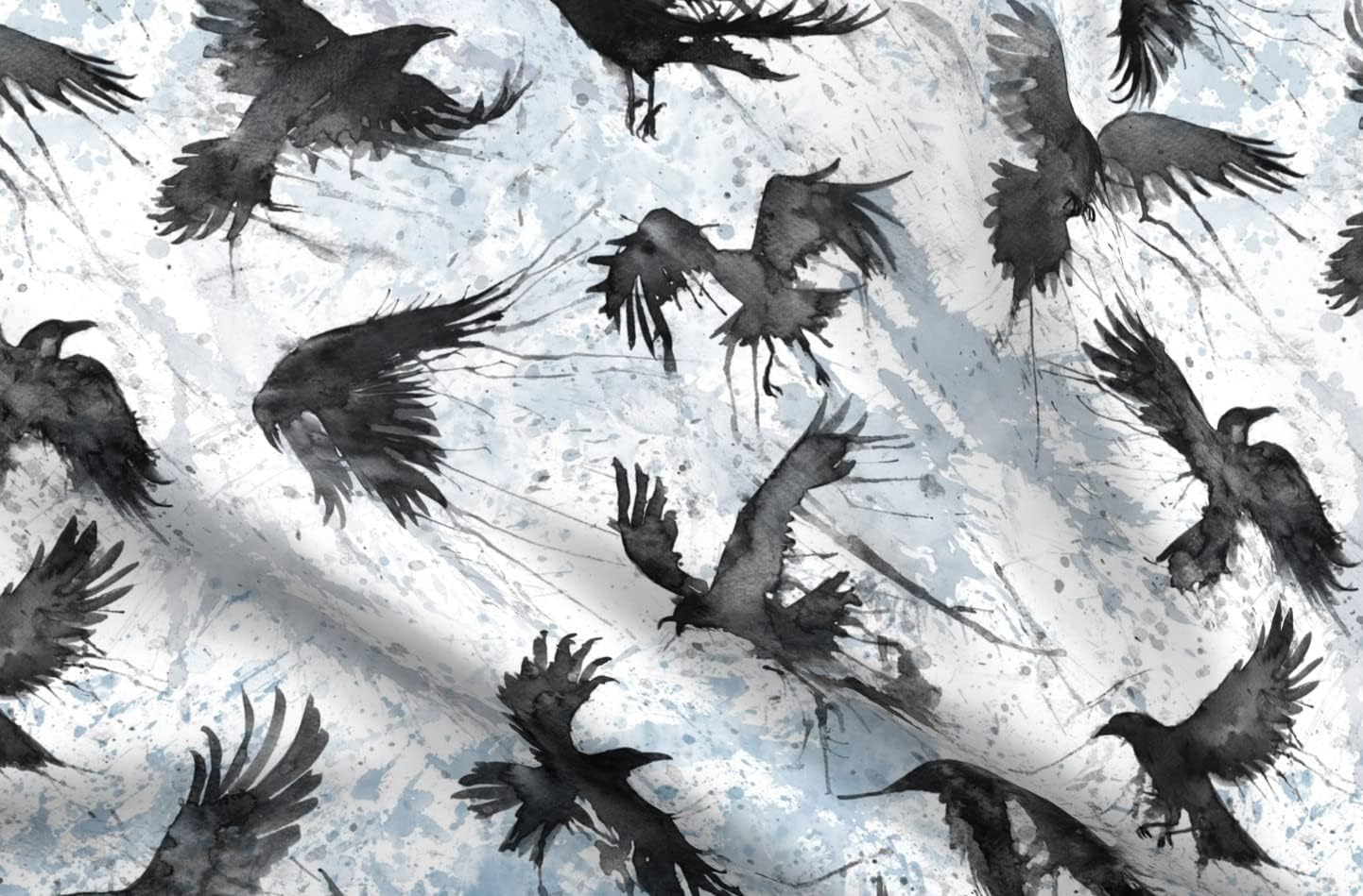 Spoonflower Fabric - Watercolor Crows Light Blue Sky Bird Birds Dark Gothic Printed on Organic Cotton Sateen Fabric by The Yard - Sewing Quilting Apparel Home Decor