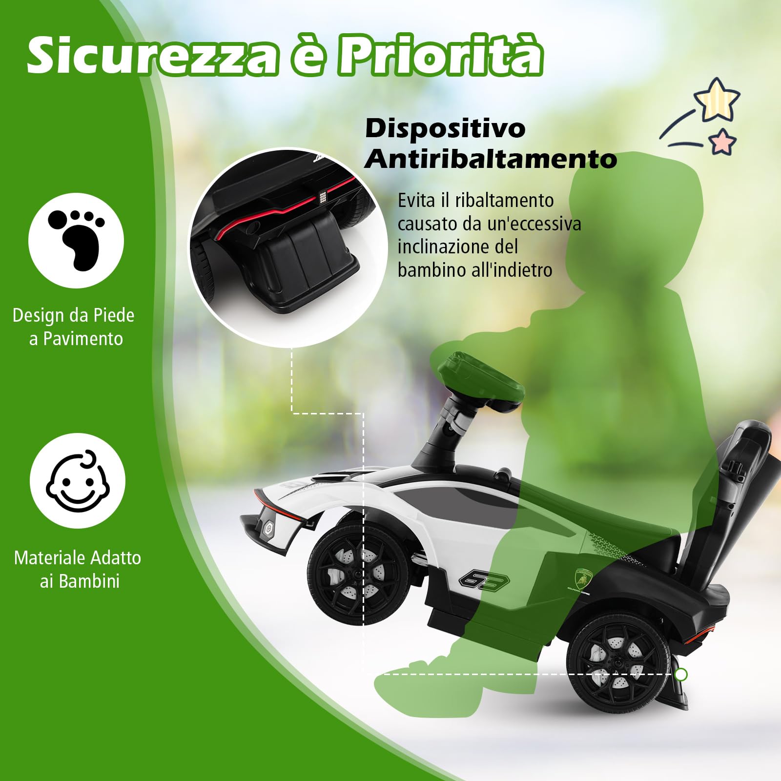 COSTWAY 3 in 1 Lamborghini Auto a Spinta per Bambini, Macchina Cavalcabile con Impugnatura e Scatola di Stoccaggio, Ideale per Bambini 12-36 Mesi (Bianco)