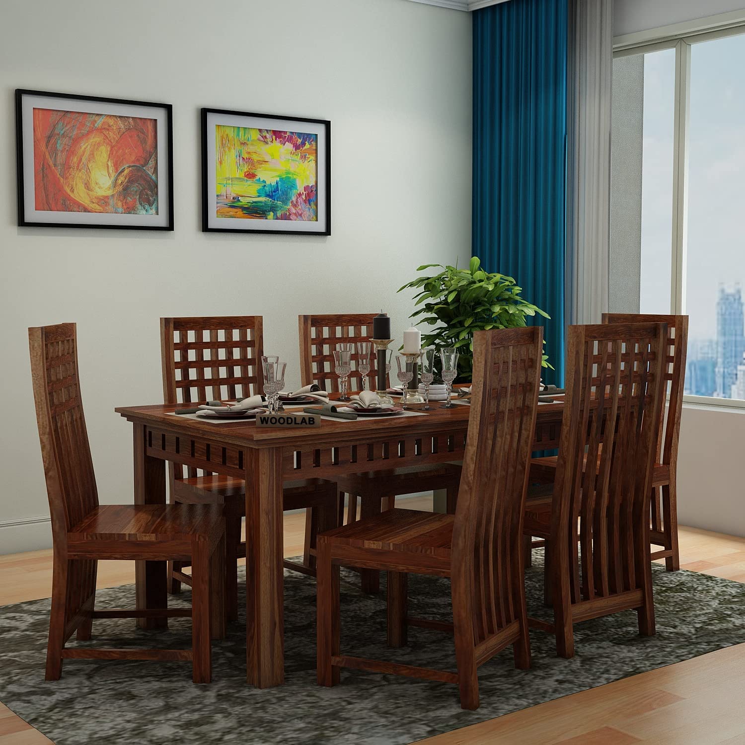 WOODLAB Sheesham Wood Kuber Dining Table Set with 6 Chairs for Home Dining Room Wooden 6 Seater Dinner Table for Living Room Hotels Restaurants - Natural Finish