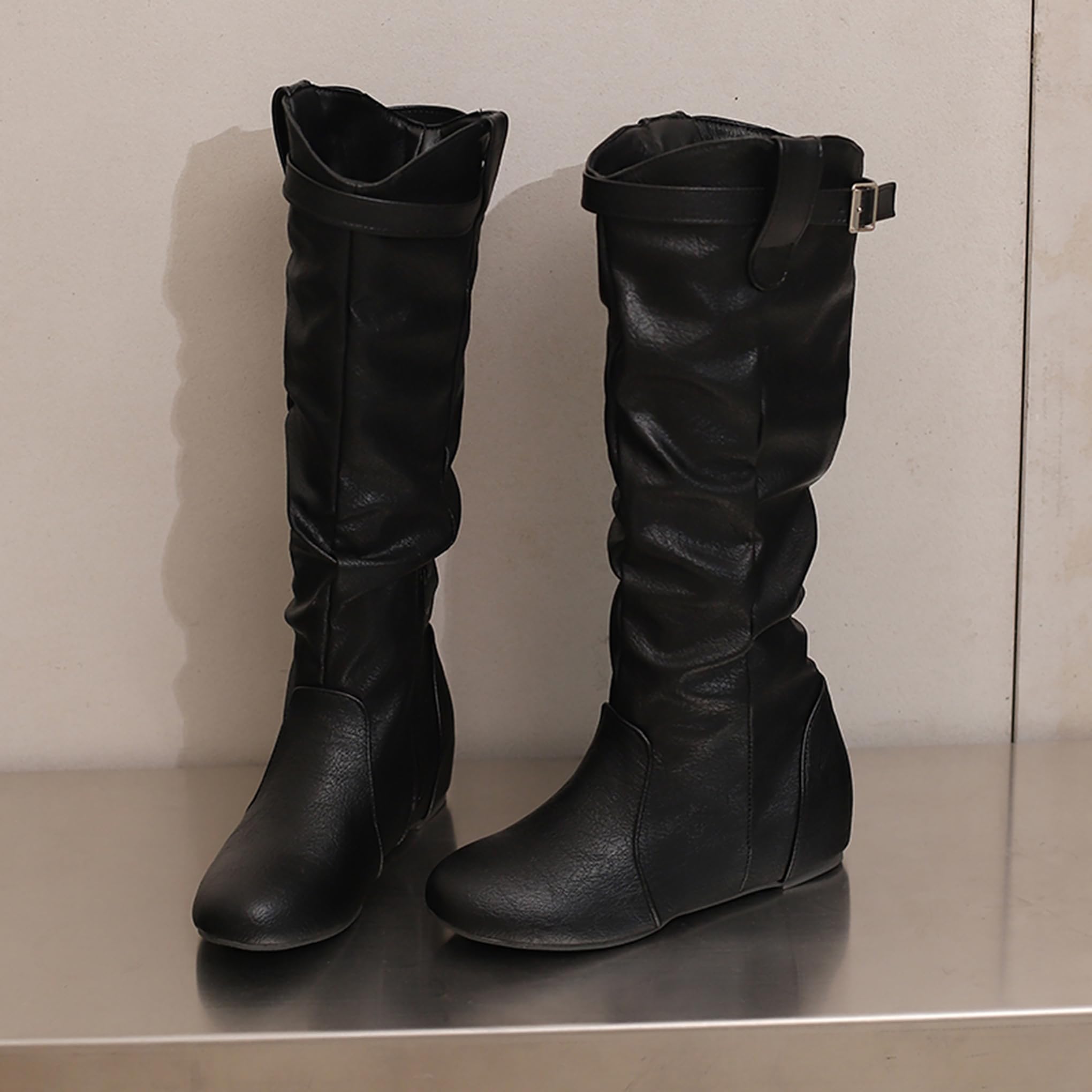 Bviennic Botas Rodilla Mujer Mid Tacón de Cuña Casual Punta Rojoonda Zip Slouch 2593, Talla 34-48