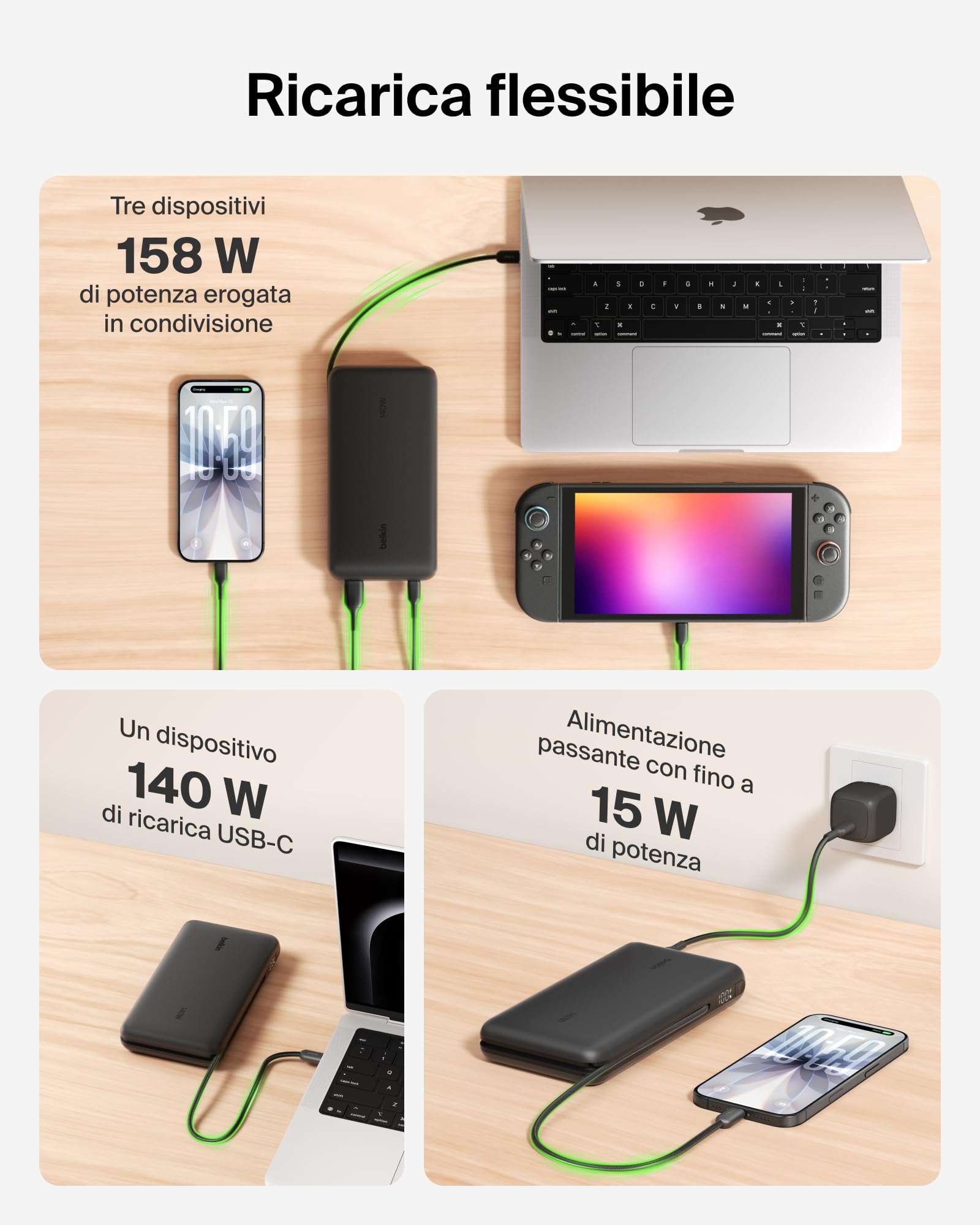 Belkin UltraCharge Pro Power Bank 25000mAh, Rapido, per Laptop - Nero | Caricatore Portatile 25000mAh, 1 USB-C, Cavo USB-C Integrato, 1 USB-A, 158W Power Delivery, Pre-Caricato, Display Digitale