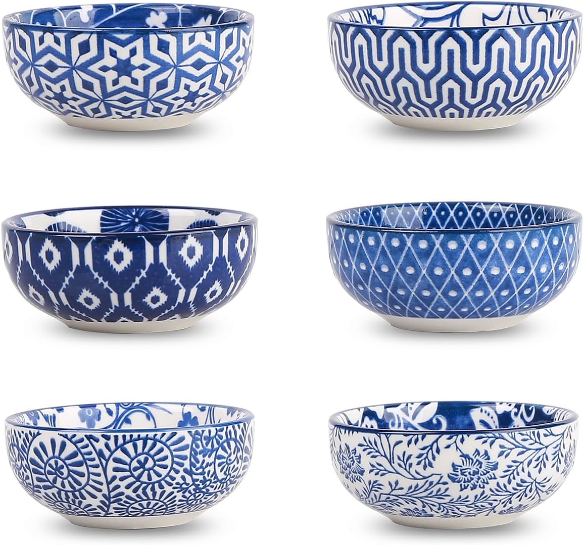 Selamica Ceramic Mini Dipping Bowls 3 inch Soy Sauce Dish Set, 2.7 oz Small Dip Bowl for Side Dish, Appetizers, Sushi, BBQ, Set of 6, Vintage Blue Vintage Blue Round