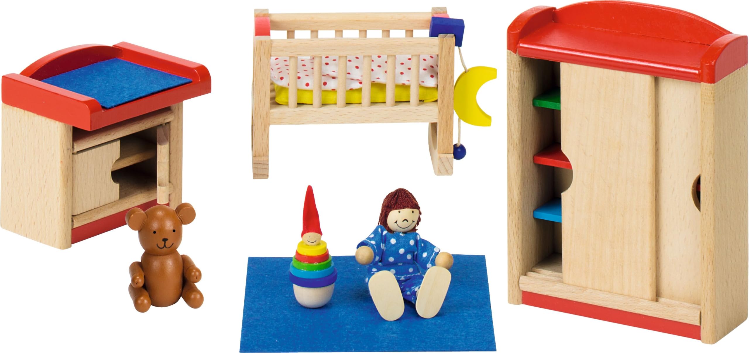 goki 6633 - Puppenhaus Set XXL, 115 Teile aus Holz & Textil, Komplettes Möbelset & Zubehör, Biegepuppenfamilie, Küche, Badezimmer, Schlafzimmer, Wohnzimmer, Haus mit Etagen 65 x 35 x 88cm, ab 3 Jahre