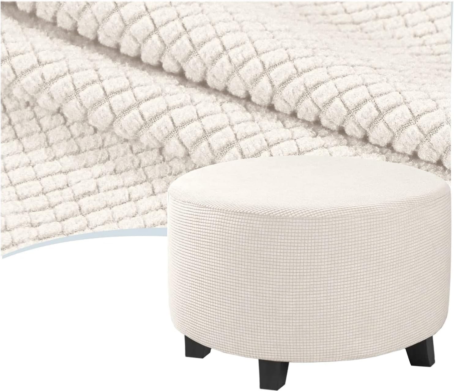 Ottoman Cover Round Small - Large, Stretch Ottoman Slipcover, Storage Stool Covers, Furniture Protector for Footrest Footstool Hassock Pouf with Elastic Bottom(Ivory,Diameter 98cm)