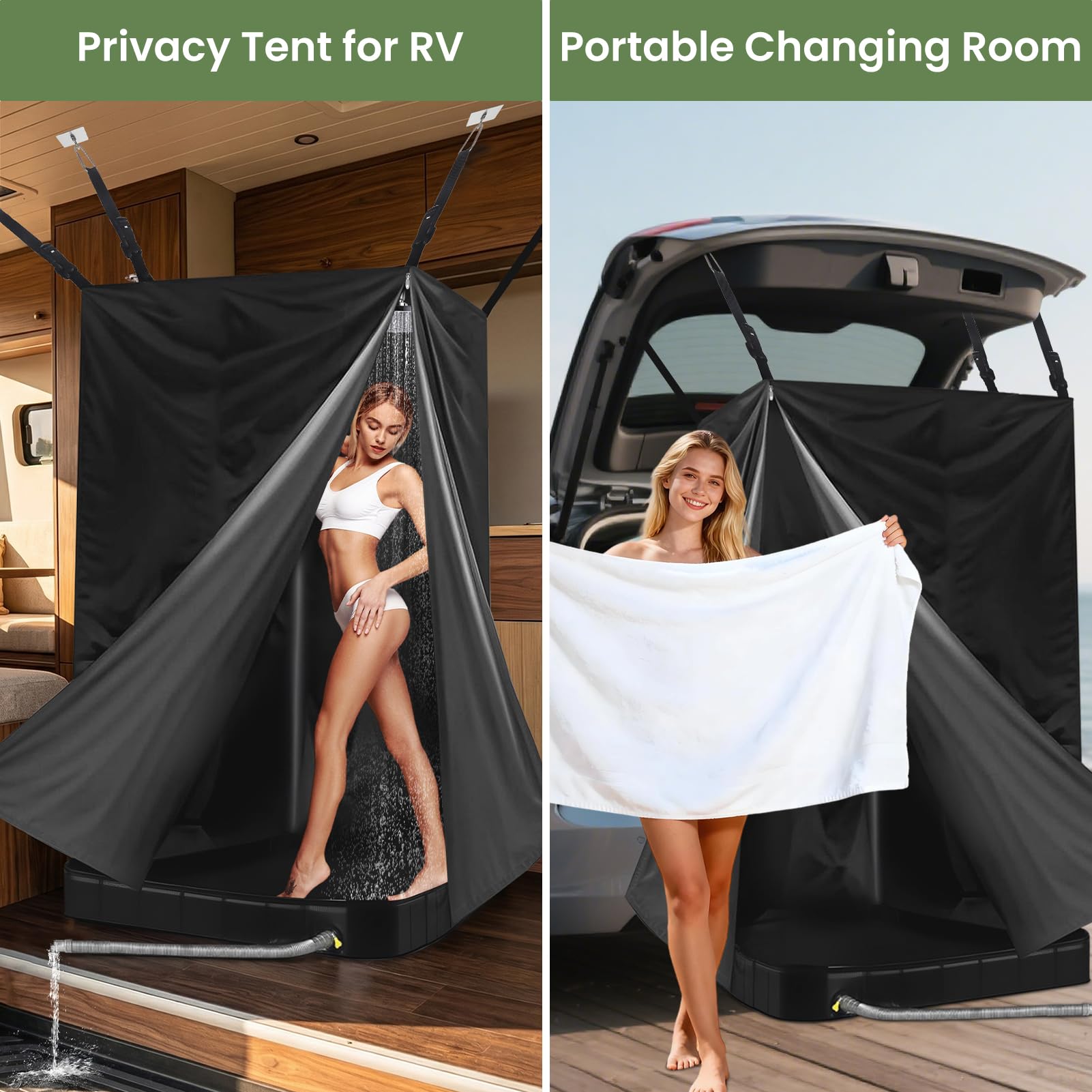 Tienda de campaña de ducha portátil grande y base de ducha plegable con drenaje inferior de silicona y tubo de drenaje y clips resistentes al viento, bandeja de ducha con tienda de privacidad para RV