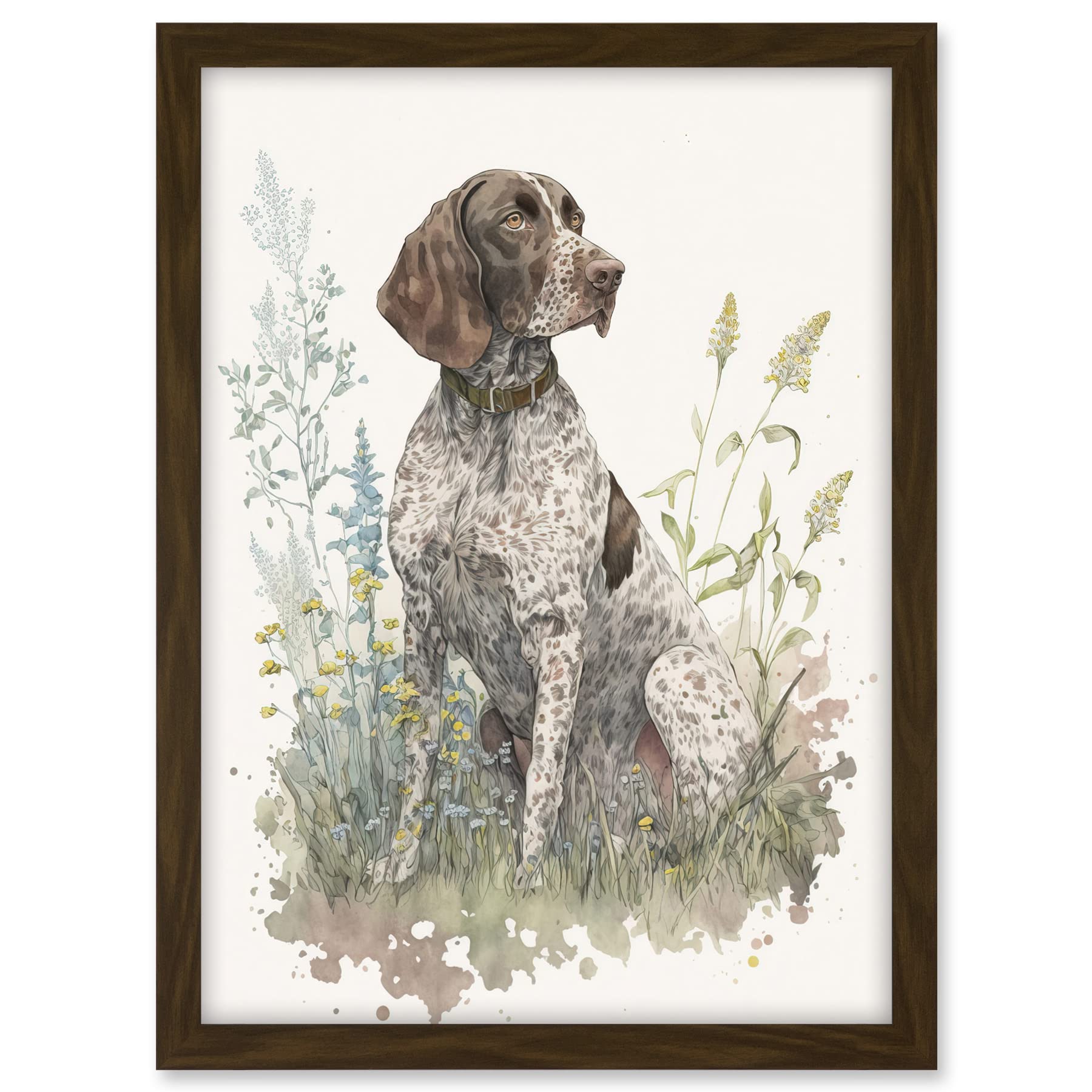 Artery8 German Pointer Dog Sitting in Field Modern Detailed Pastel Watercolour Illustration Artwork Framed A3 Wall Art Print