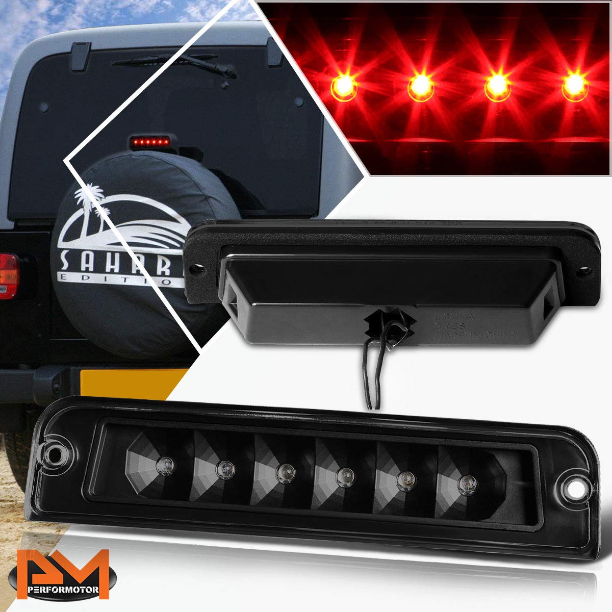 PM PERFORMOTOR Full LED 3rd Third Brake Light High Mount Stop Light Compatible with Jeep Wrangler 97-06,Black Housing/Smoked Lens