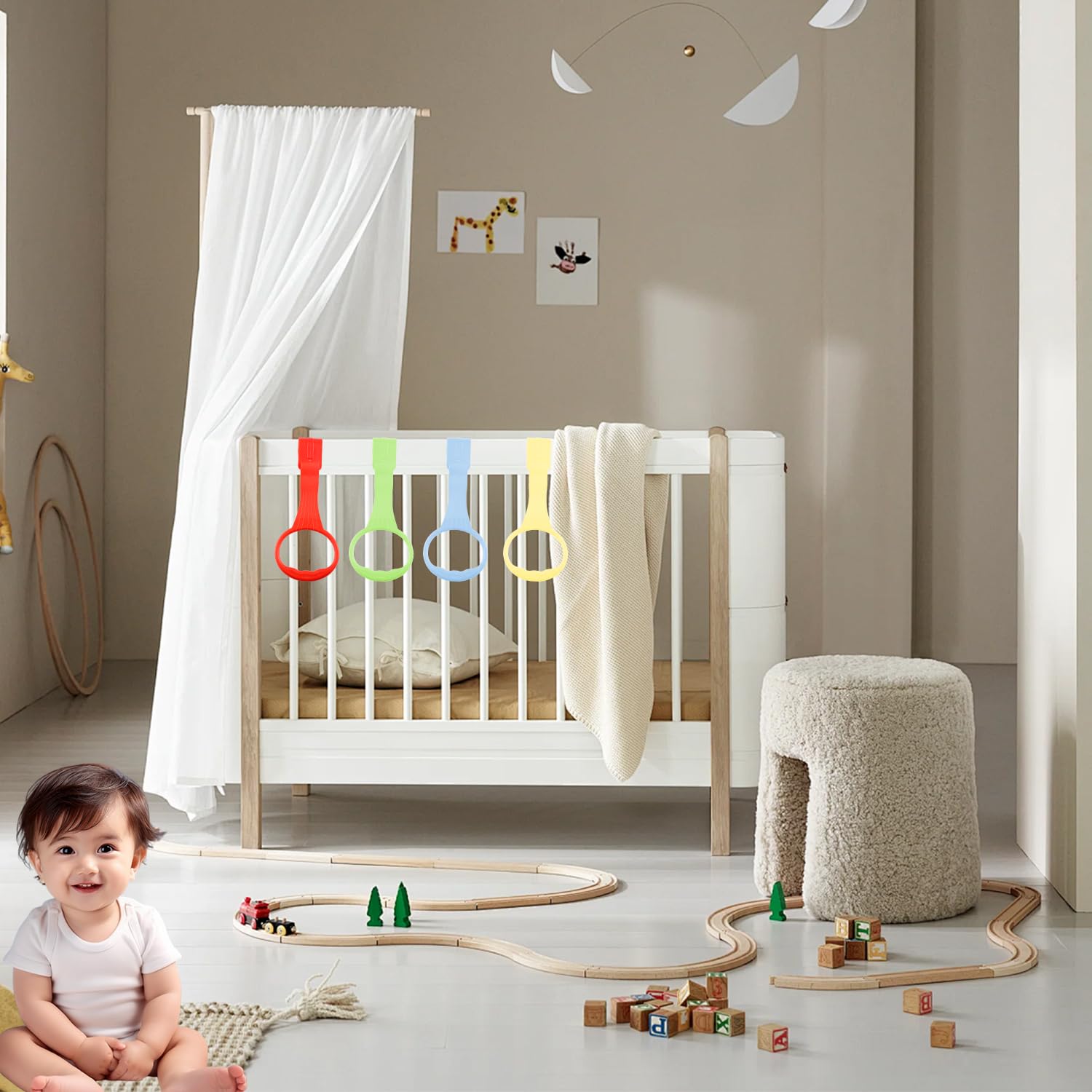 Wellrun 4pcs Baby Cot Pull Up Rings,4 Colours Safety Standing Training Handles,Easy Grip Handles for Playpen Strollers - Image 4