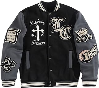 Men's Letter Graphic Color Block Varsity Jacket Long Sleeve Y2k Streetwe...
