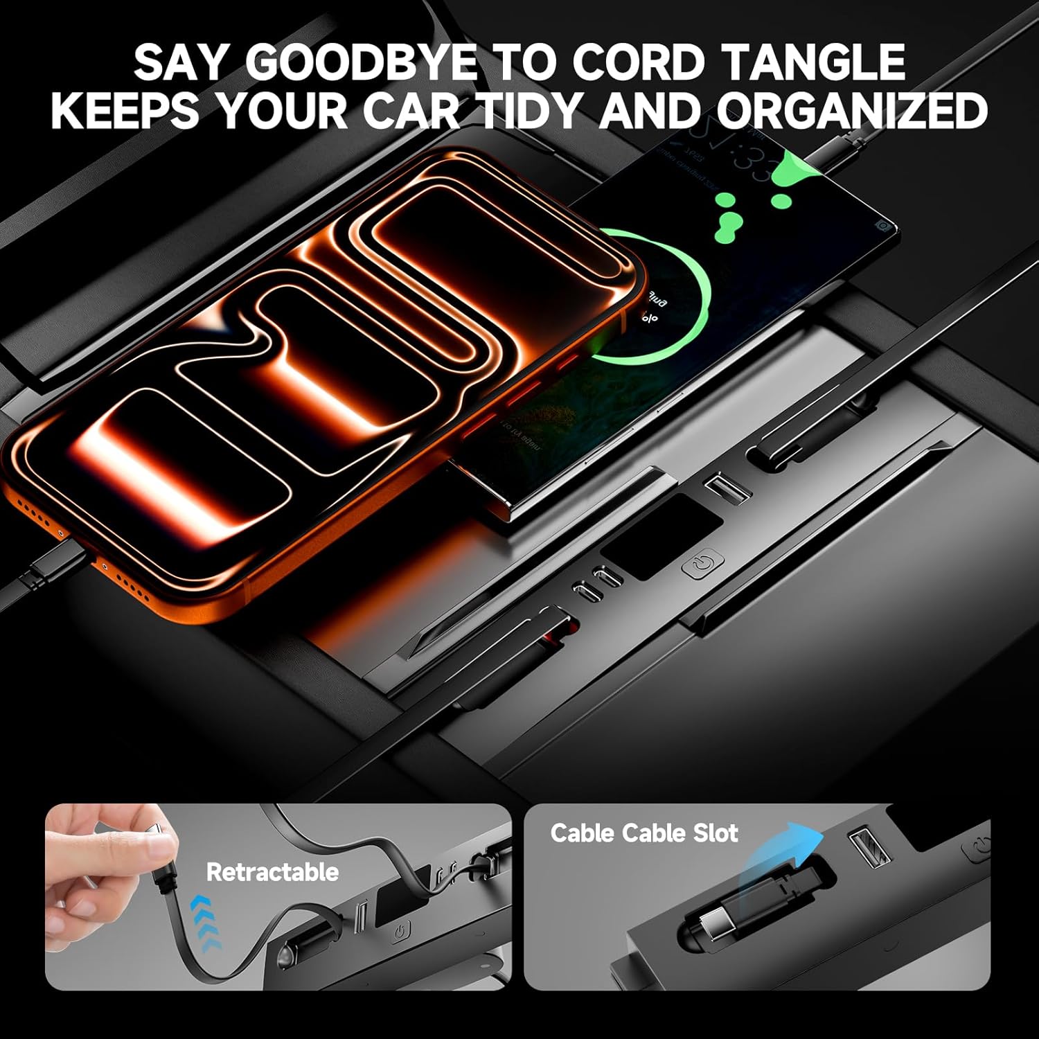 65W USB Hub for Tesla Model 3, New Model Y Juniper 2024 2025 2026 - Fast Charger for Tesla Model 3 Highland Accessories, Retractable Phone USB Charger Hub 4-Ports, 2 Type-C Cables (Grey)