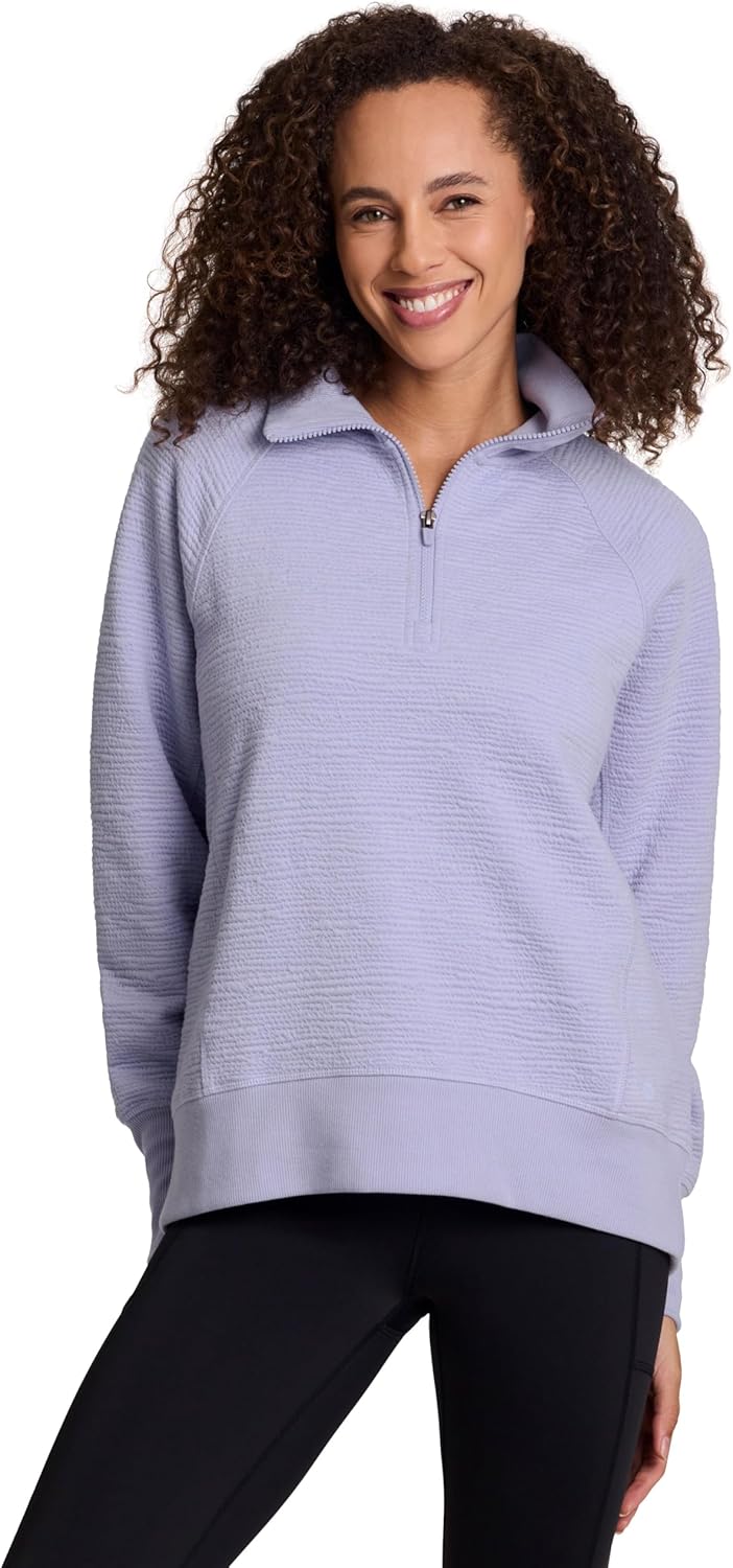 RBX Activewear Women's Quarter Zip Sweatshirt, Textured Cotton Blend 1/4 Zip Running Top Zip Mock Neck Pullover Sweater