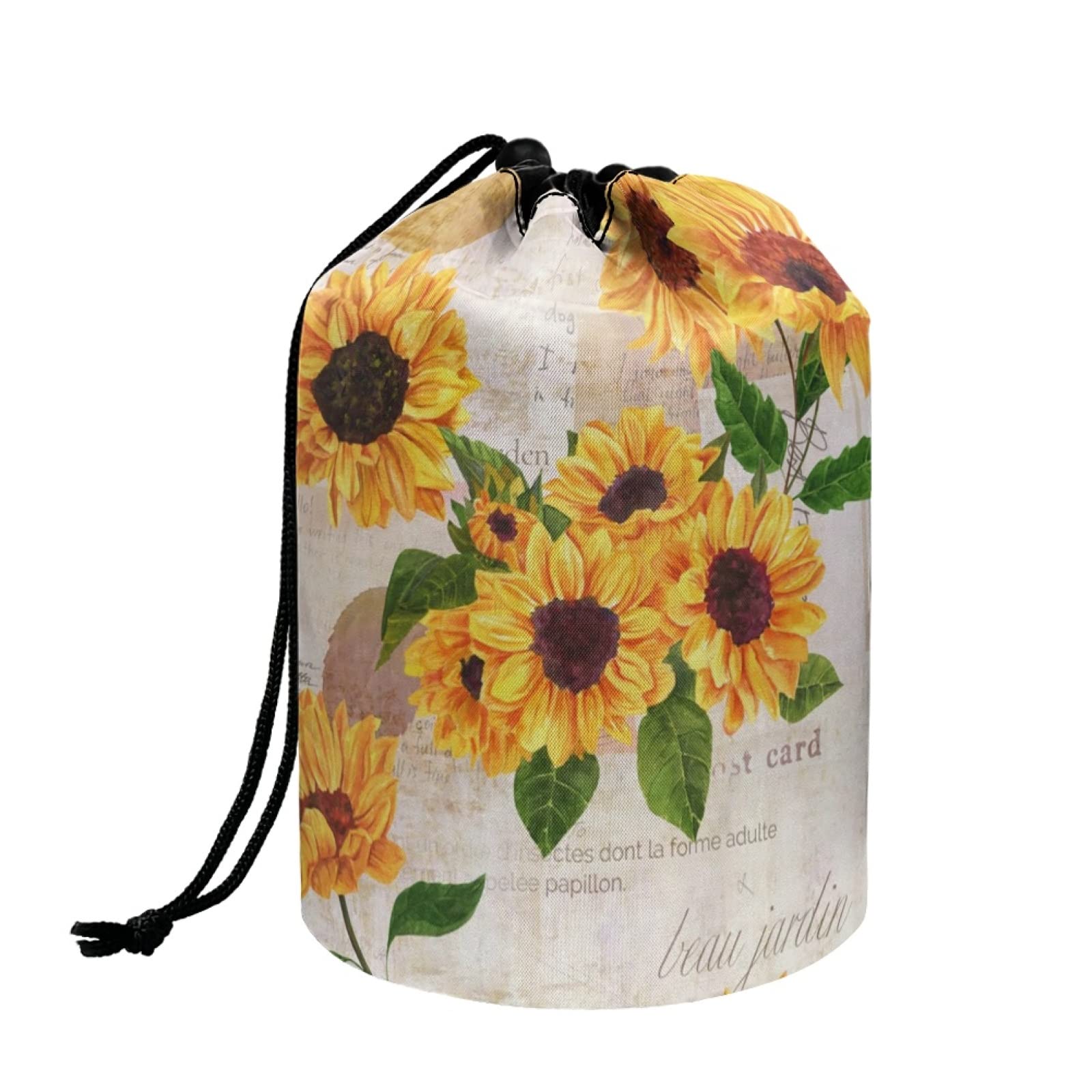 TOADDMOSVintage Sunflower Print Womens Drawstring Makeup Bag Travel Costmetic Bags Barrel Shaped Toiletry Organizer Storage Bag for Ladies