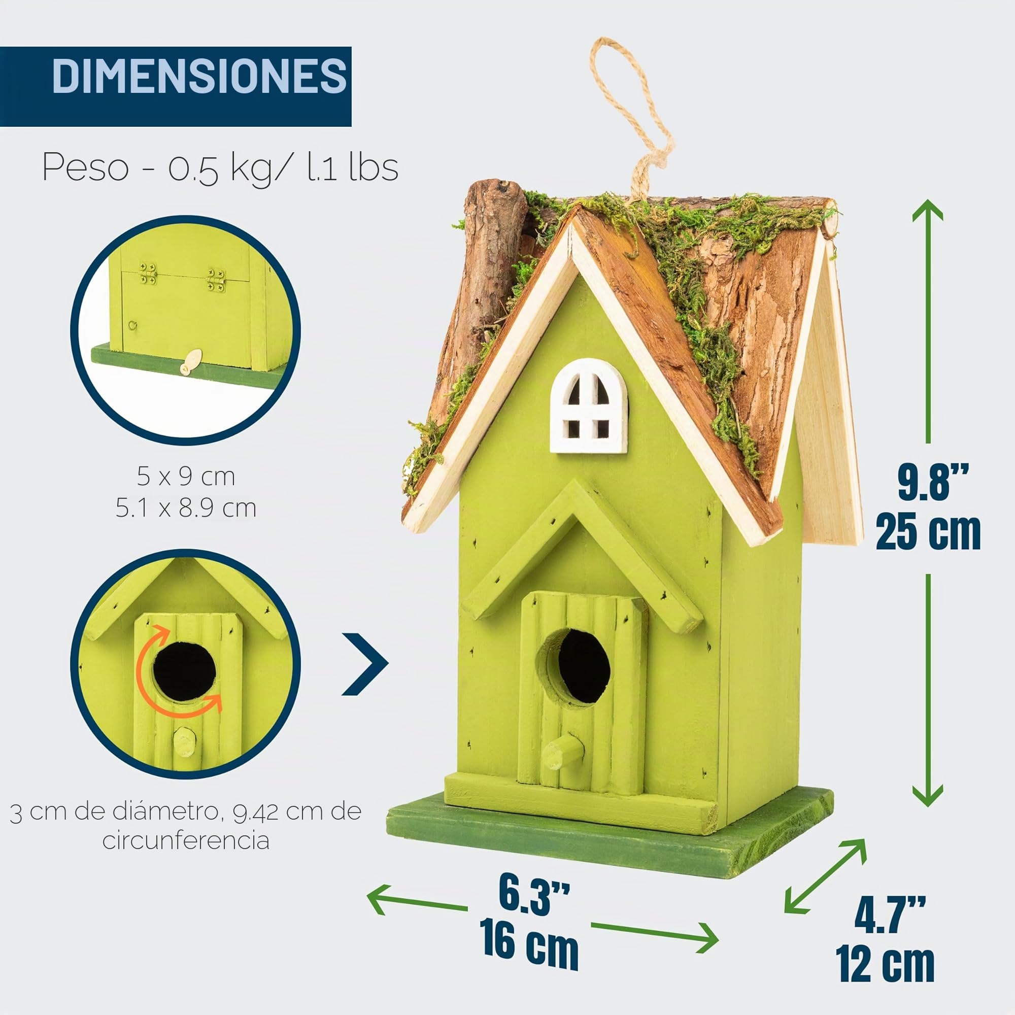 MP Casa de Pájaros para Exterior, Pintada a Mano | Con Puerta para Fácil Limpieza, Ideal para Carboneros y Chochines