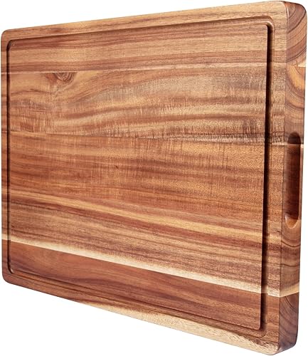 Tabla de cortar grande de madera de acacia de 20 x 15 pulgadas, tabla de cortar de madera reversible con ranura para jugo, tabla de tallar para