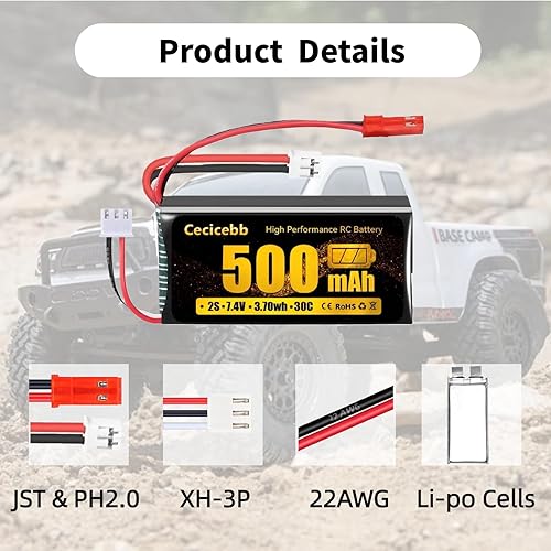 Miniatura 4 de Batería Lipo de 7.4 V 2S 30C 500mAh recargable RC Lipo con JST y PH2.0 enchufe para Axial SCX24 RC Car y 110, 116, 118, 124 RC Cars Vehículos