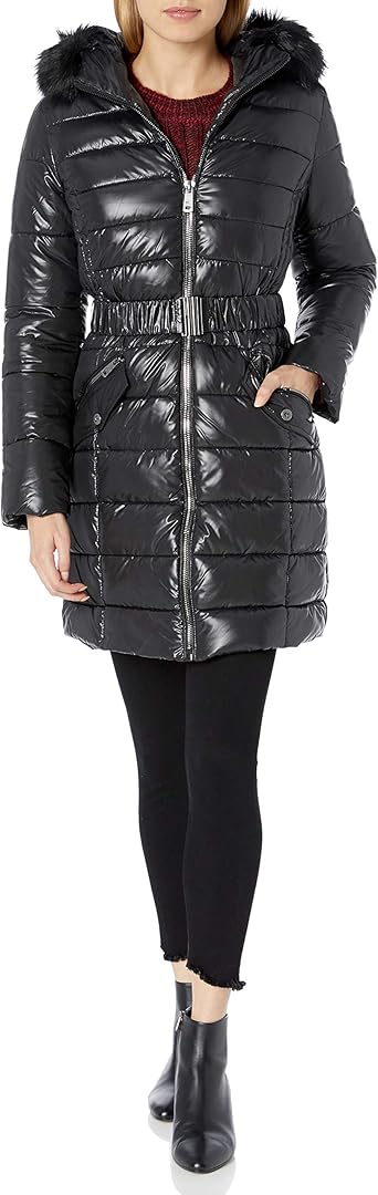 kenneth cole new york hooded puffer coat with faux fur trim