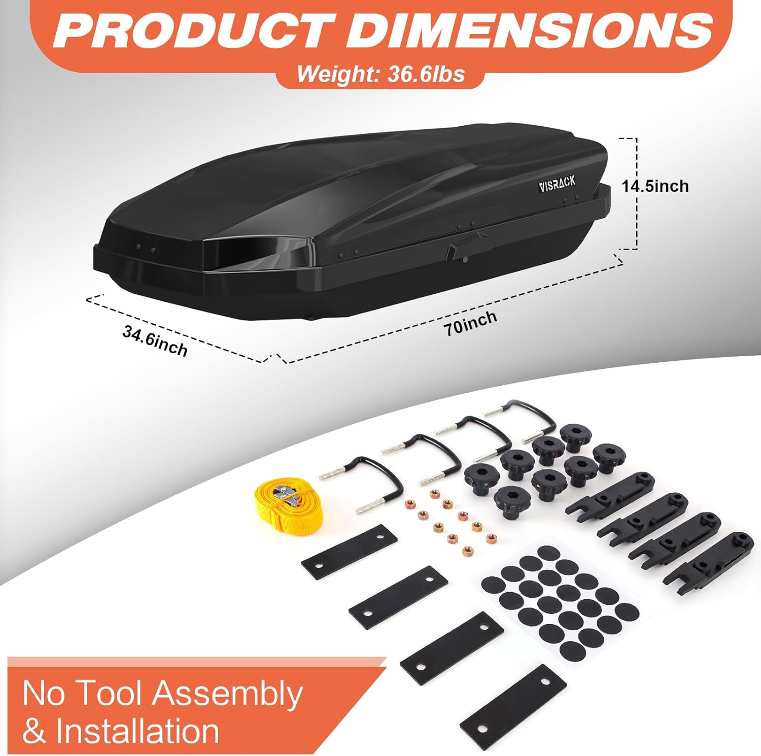 70 Inch Black Rooftop Cargo Box Carrier, Large 21 Cubic Feet Car Top Mount Travel Luggage Storage, Dual Side Opening, Heavy Duty Waterproof Rooftop Storage Box with Security Keys, 150lbs Capacity