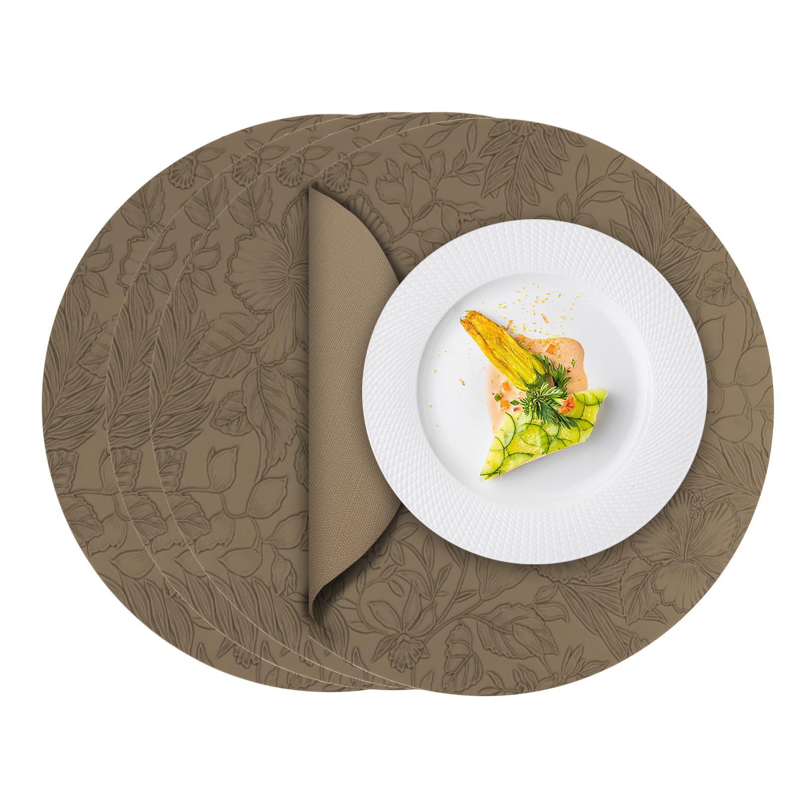 ToVioc Washable Leather Round Placemats, Non-Slip Place Mats for Table, Kitchen, Restaurant & Office, Floral Design Table Mats Set of 4 (34 cm Diameter) - Apricot