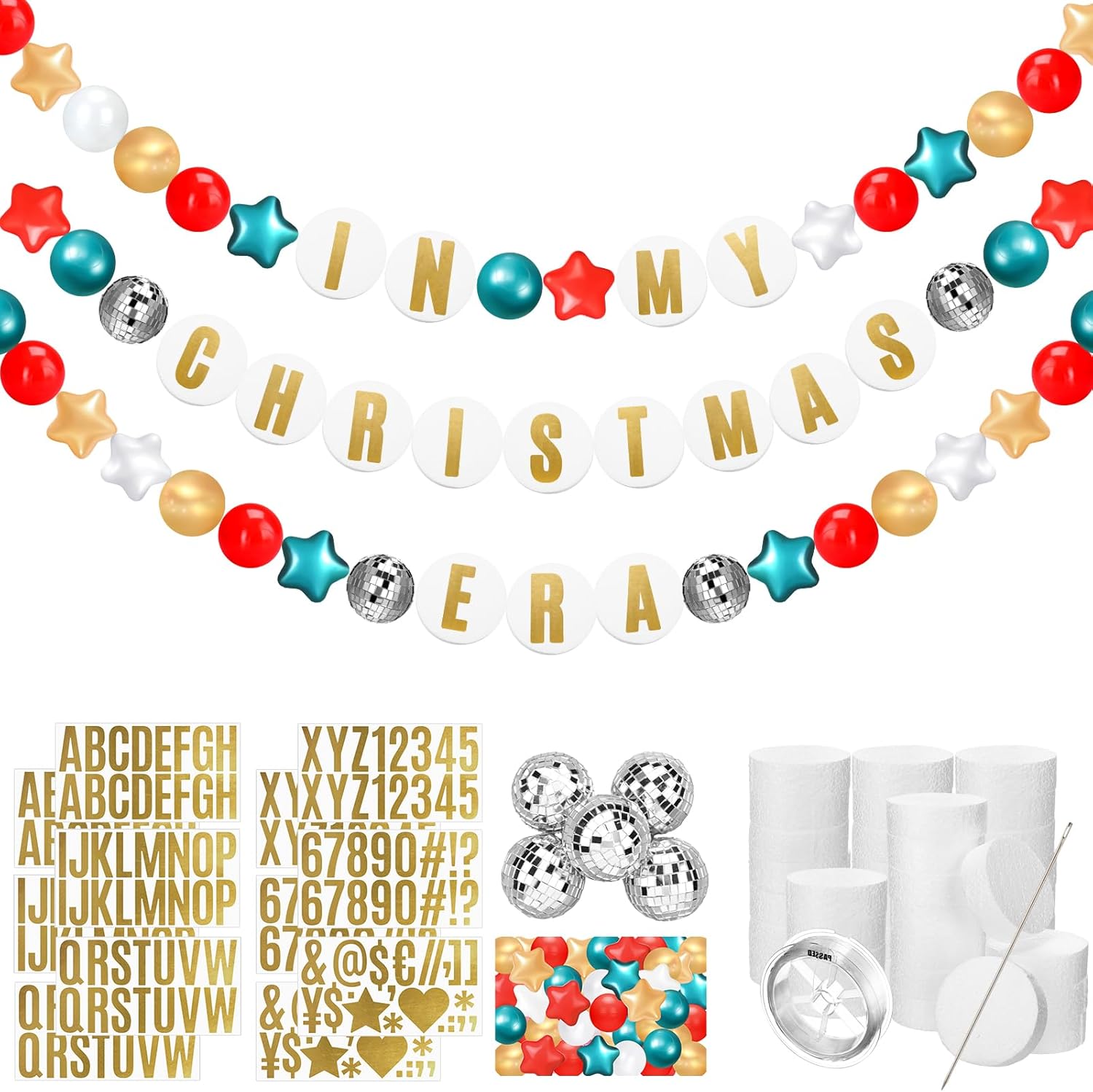 Simgoing Giant Friendship Bracelet Garland Kit DIY Banner with Letter Ball Jumbo in My Birthday Era Decorations for Classroom Kpop Disco Party Supplies Photo Booth Backdrop(Red, Green, White)