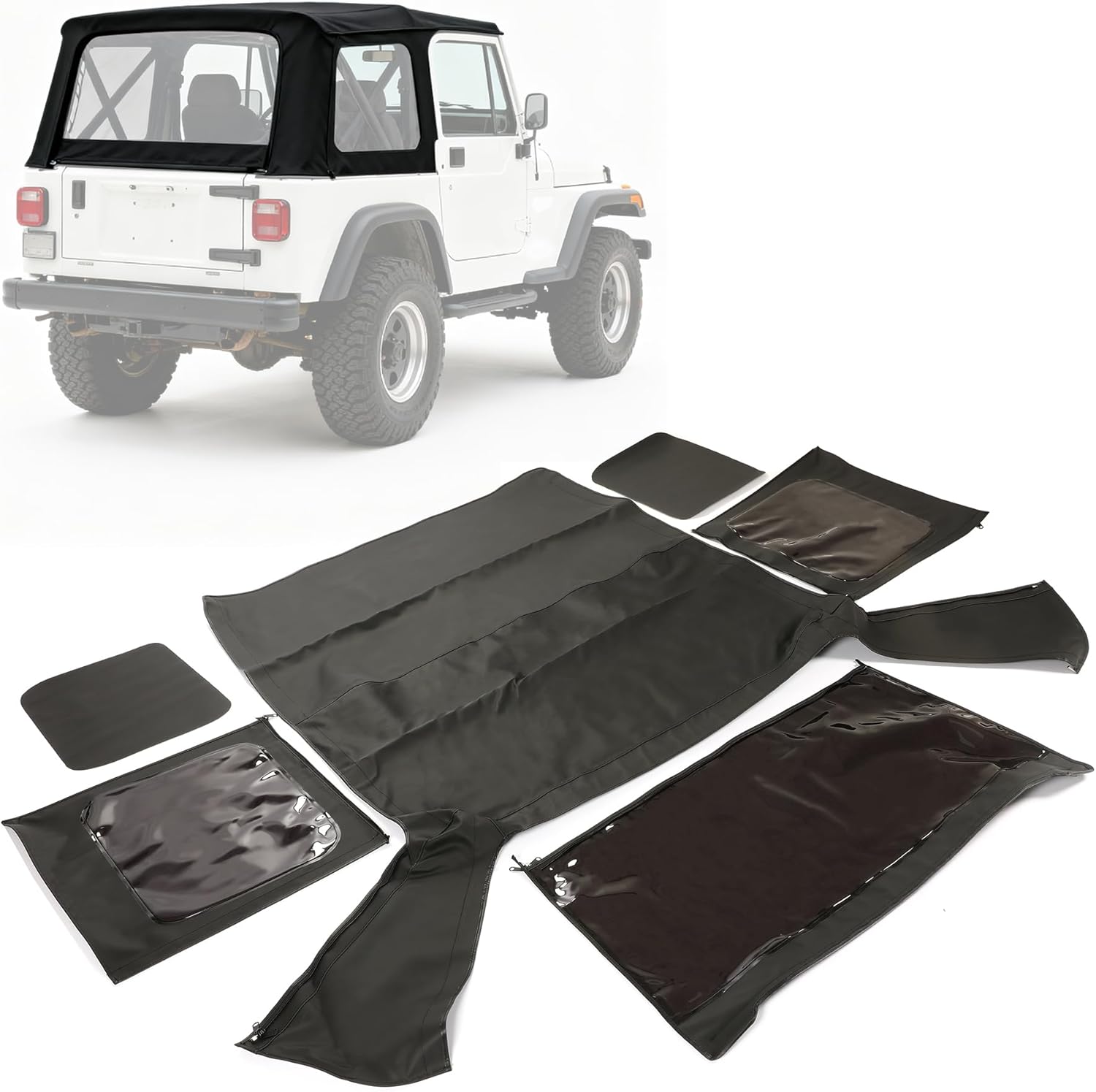 ALMULOO Soft Top Replacement Compatible with 1987-1995 Jeep Wrangler YJ 2 Door with Zip Out Tinted Windows Sailcloth Vinyl Black, W/O Front Upper Door Skins