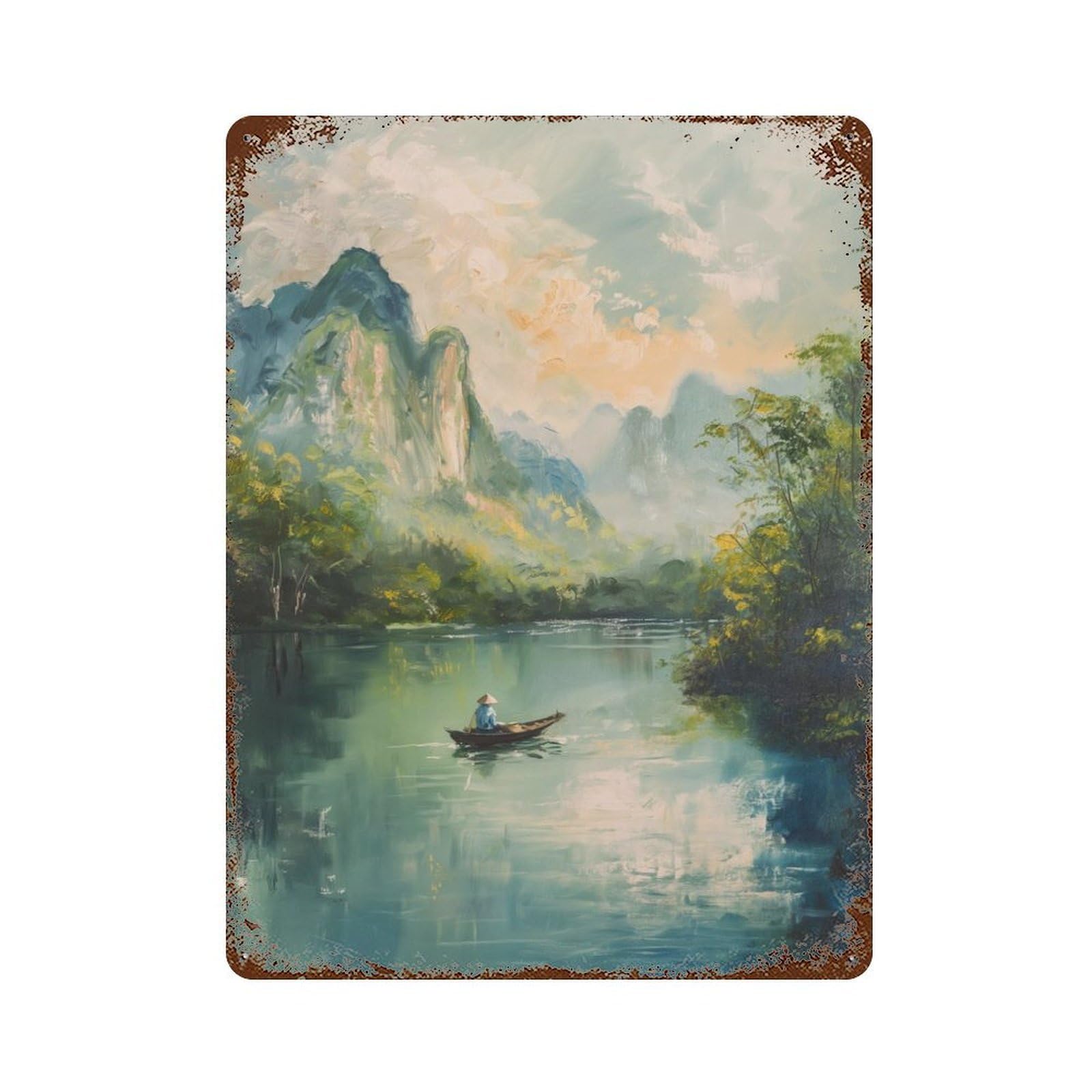 Garage Style Asian Mountains River Rusty Metal Tin Sign 15.7"x11.8", Farmhouse Wall Decor for Bar And Workshop