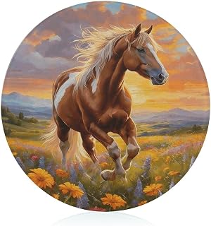 A Sea of ​​flowers Horses Tempered Glass Cutting Boards for Kitchen | Round Cutting Board for Kitchen Counter Protector, Clear Countertop Tray, Scratch Resistant, Heat Resistant